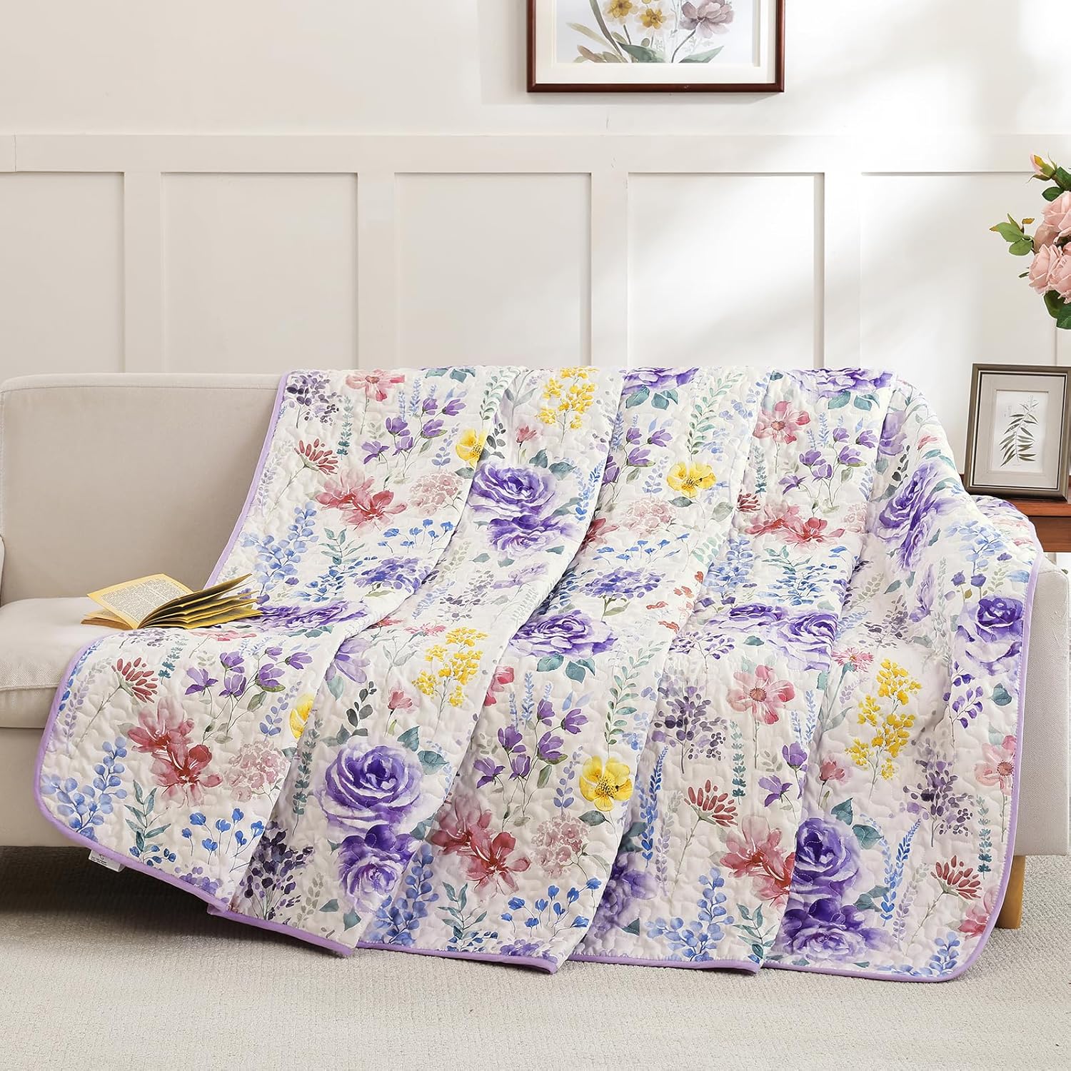 WONGS BEDDING Botanical Quilt Set King Size, Purple Floral Leaves Pattern Bedspread Coverlet Set, 3 Piece Soft Microfiber Bedding Set with 2 Pillowcases for All Season (104"x90")