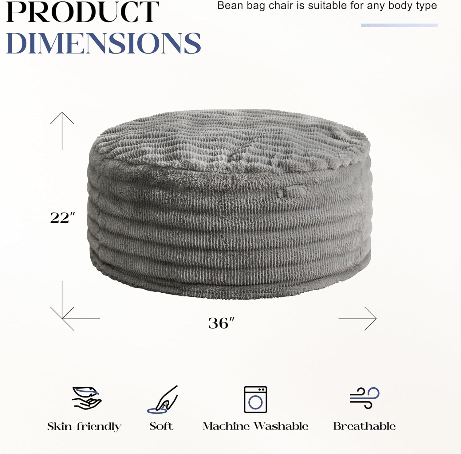 Hobestluk Bean Bag Chairs Beanbag Chair with Filler Adult Bean Bags with Fluffy Ripple Cover, Giant Bean Bag Chairs for Adults (Grey, 3FT - 36" x 36" x 22") - Image 2