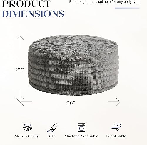 Miniatura 2 de Hobestluk Puf con relleno, puf para adultos con funda ondulada esponjosa, puf gigante para adultos (gris, 3 pies - 36 x 36 x 22 pulgadas)