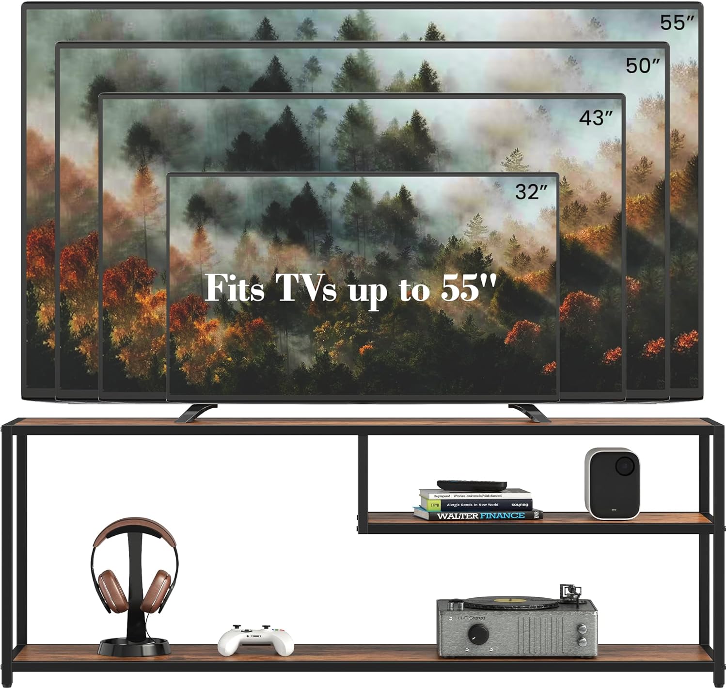 TECHMILLY Modern TV Stand for 55" TV, TV Table with Storage Shelves, Entertainment Center with Metal Frame, TV Console Table for Living Room, Bedroom, Rustic Brown