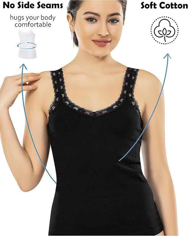 VAVONNE Camisole for Women, All Cotton, Airy Soft Comfy Tank Tops Cami Undershirt (Black/Lace Strap, Small) image 3