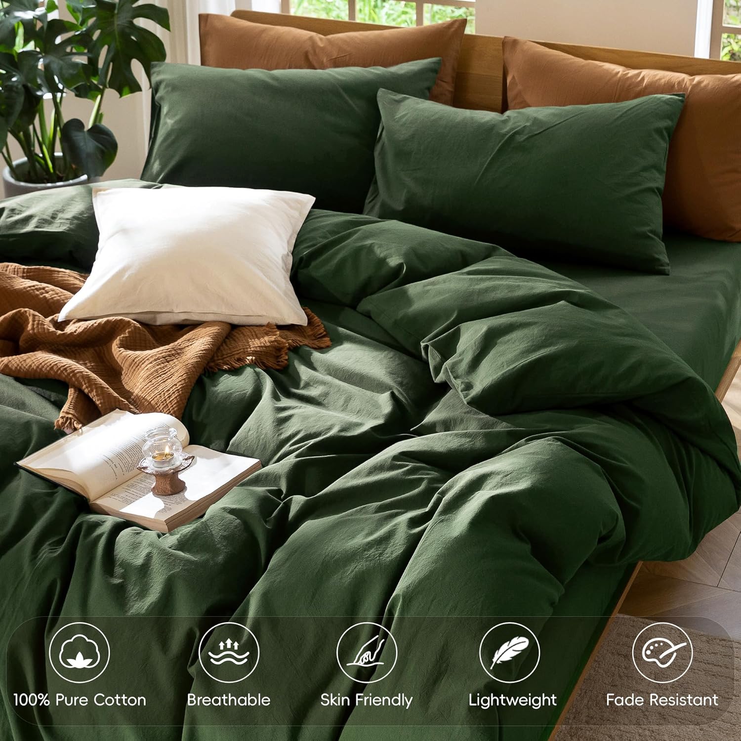 MooMee Bedding Duvet Cover Set 100% Washed Cotton Linen Like Textured Breathable Durable Soft Comfy (Solid Forest Green, Queen 90"x90") - Image 4