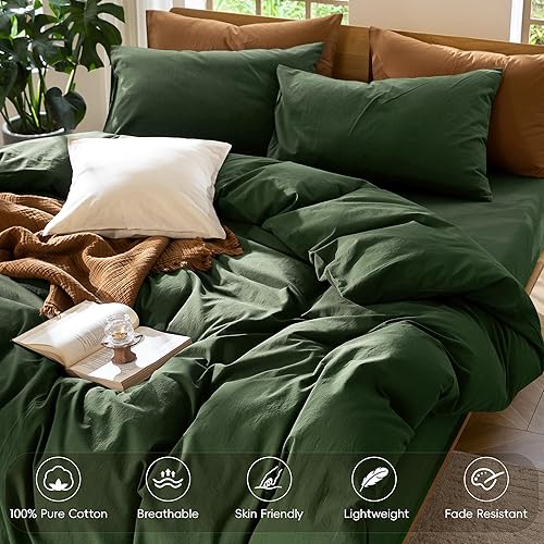 Miniatura 4 de MooMee - Juego de funda de edredón, 100% algodón lavado, textura parecida al lino, transpirable, duradero, suave y cómodo (verde bosque liso,