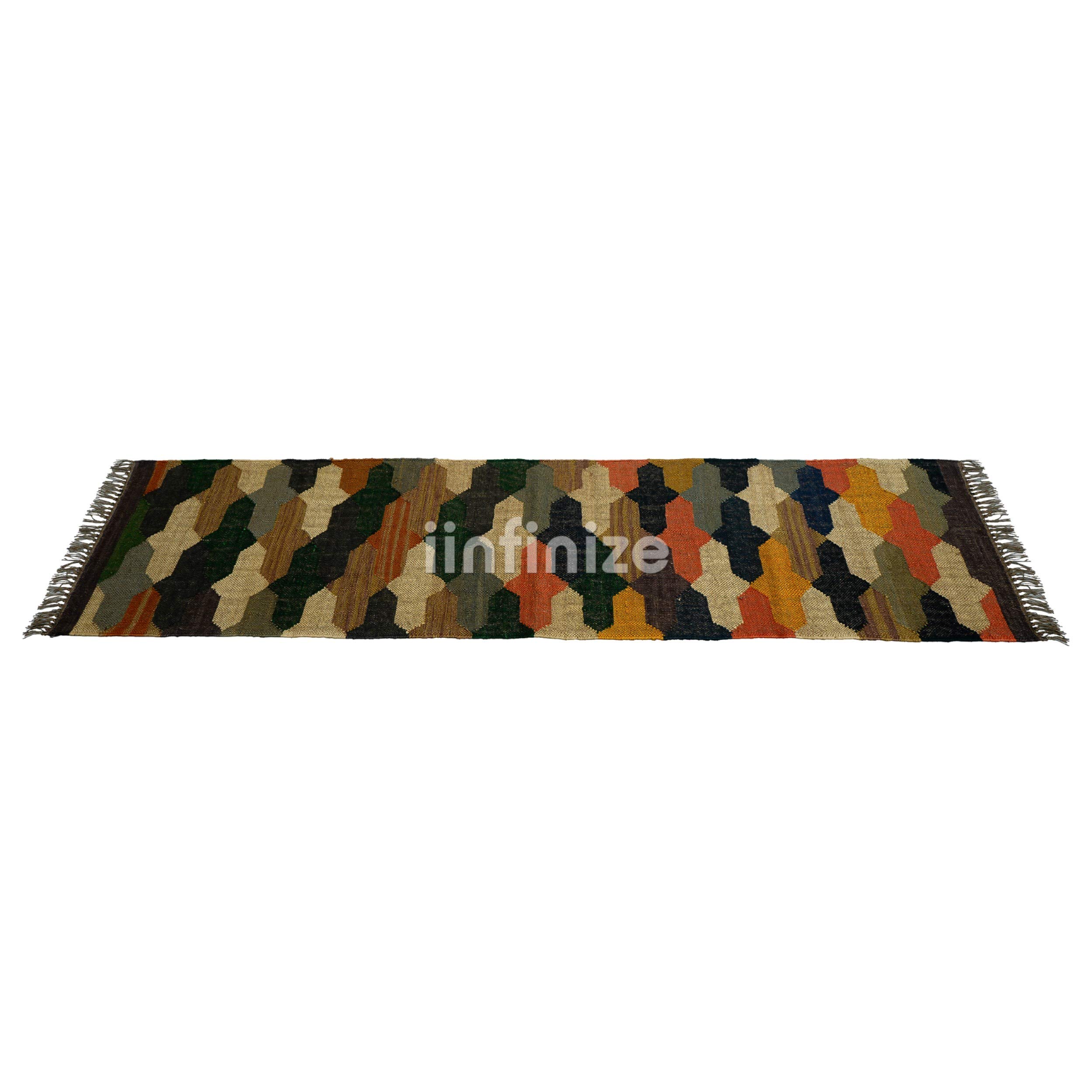 Tappeto rustico intrecciato a mano, grande, stile vintage, motivo kilim, 0,6 x 1,2 m, annodato piatto, tappeto bohémien, reversibile, tappeto per sedersi, tappeto in vera lana di iuta per