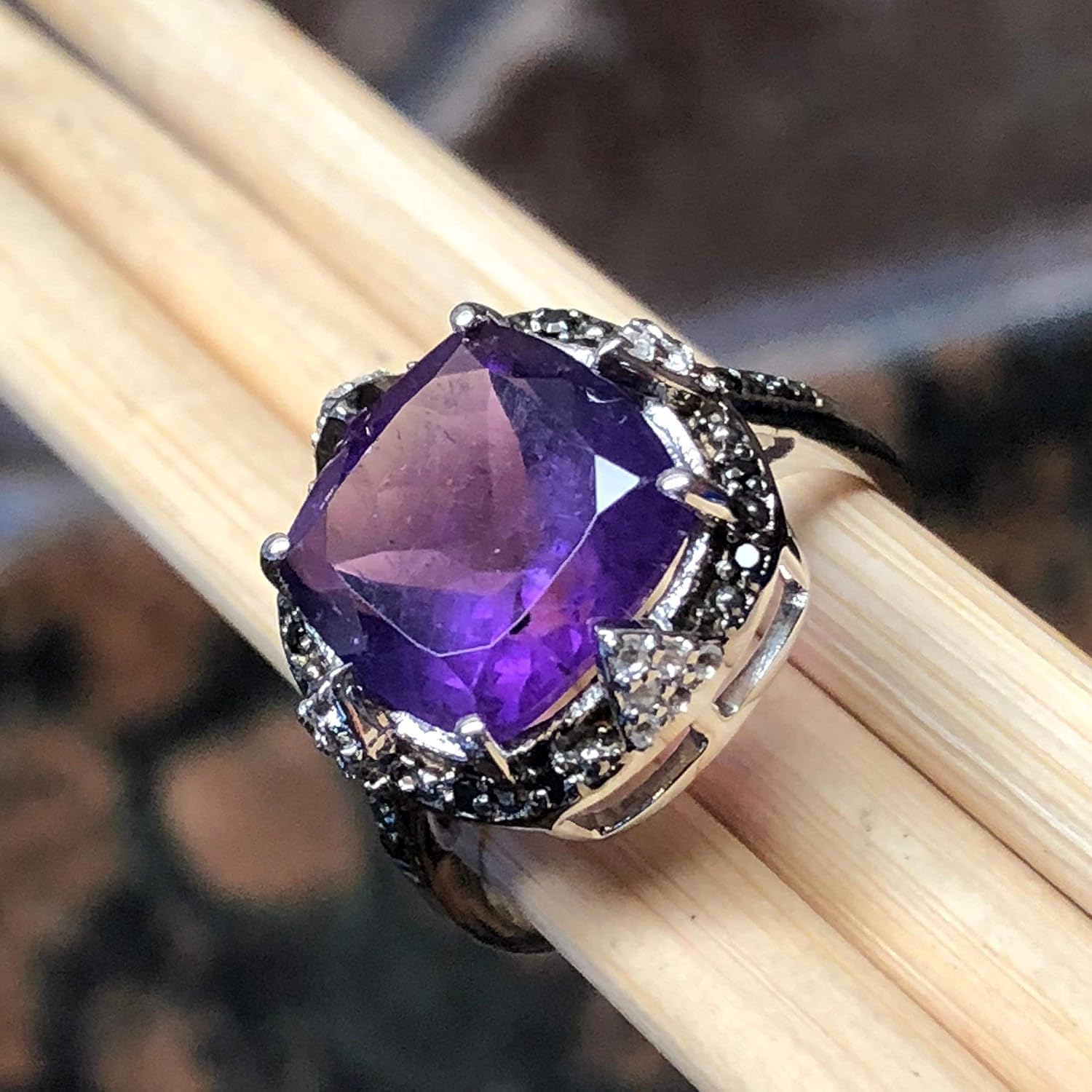 Natural 4.5ct Purple Amethyst, Black Spinel, White Topaz 925 Solid Sterling Silver Wedding Ring Size 7 - Image 9