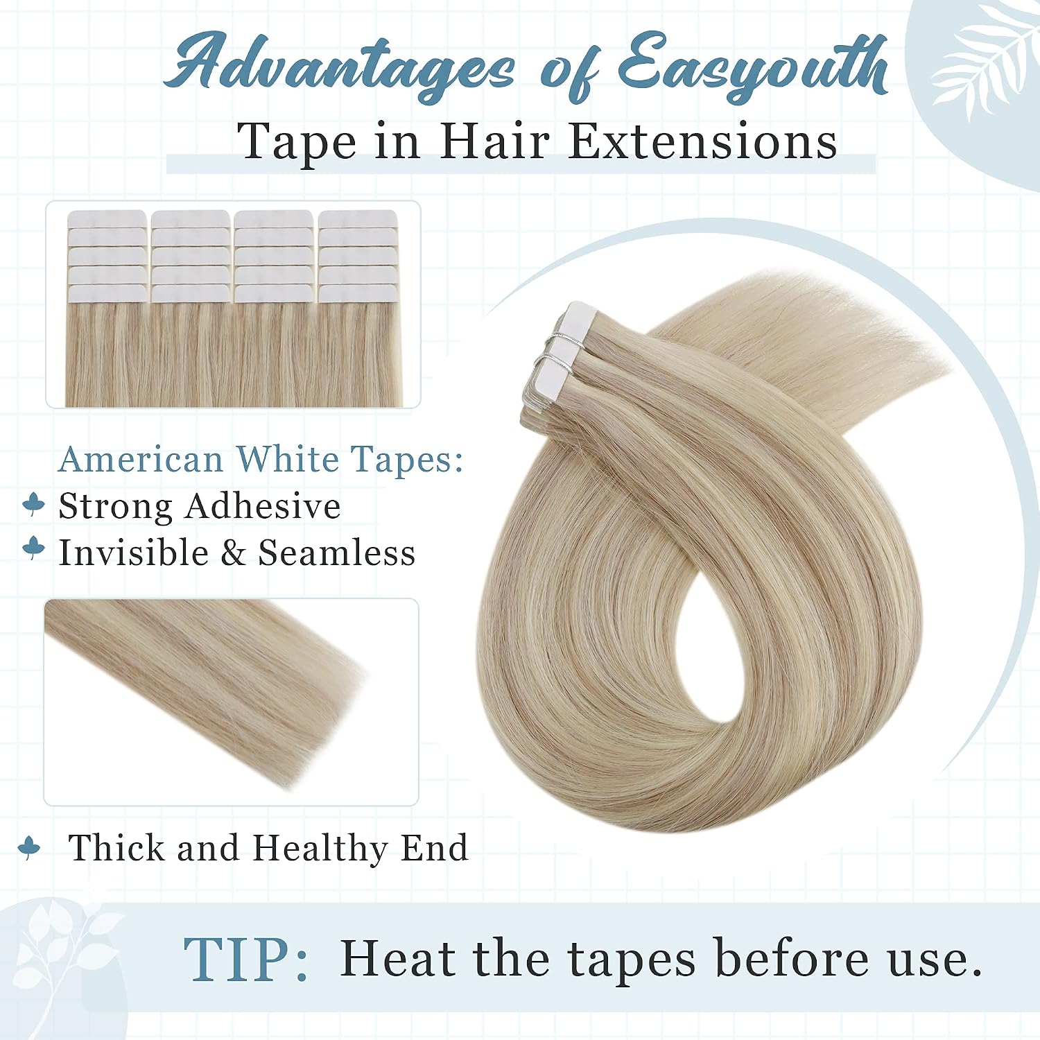 Easyouth Tape Extensions Human Hair Ash Blonde Highlight Bleach Blonde Tape Hair Extensions Real Human Hair 20 Inch 50g 20Pcs - Image 3