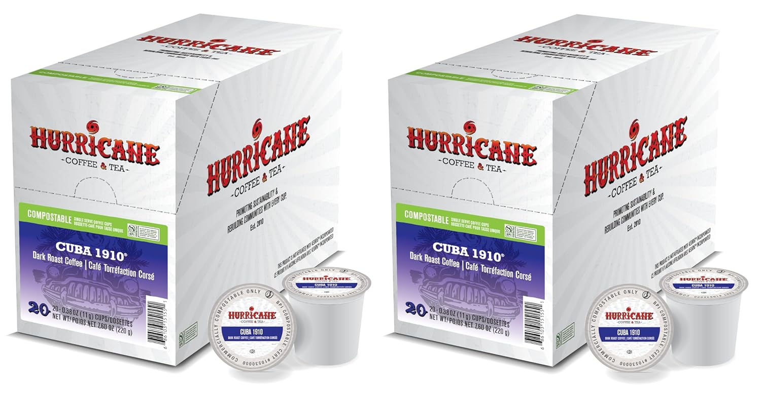 Hurricane Coffee Cuba 1910 Dark Roast, Compostable Single Serve Coffee Pods Compatible with Keurig K-Cup Brewers, 20 Count per Box, 2 Boxes