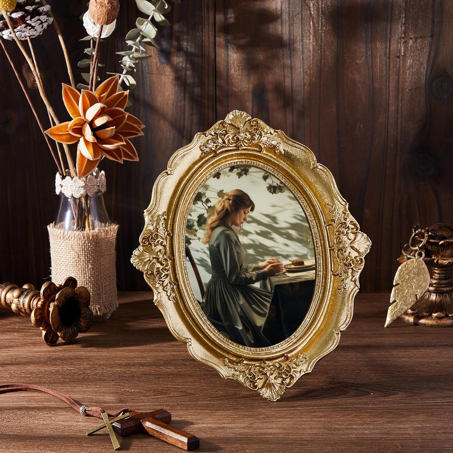 Briwooody 3 Pcs Gold Vintage Picture Frame Set Antique Oval Picture Frames 4x6, 5x7 Inch Baroque Photo Ornate Frames with Glass Gift for Tabletop Hanging Wall Art Wedding Home(Retro Style)