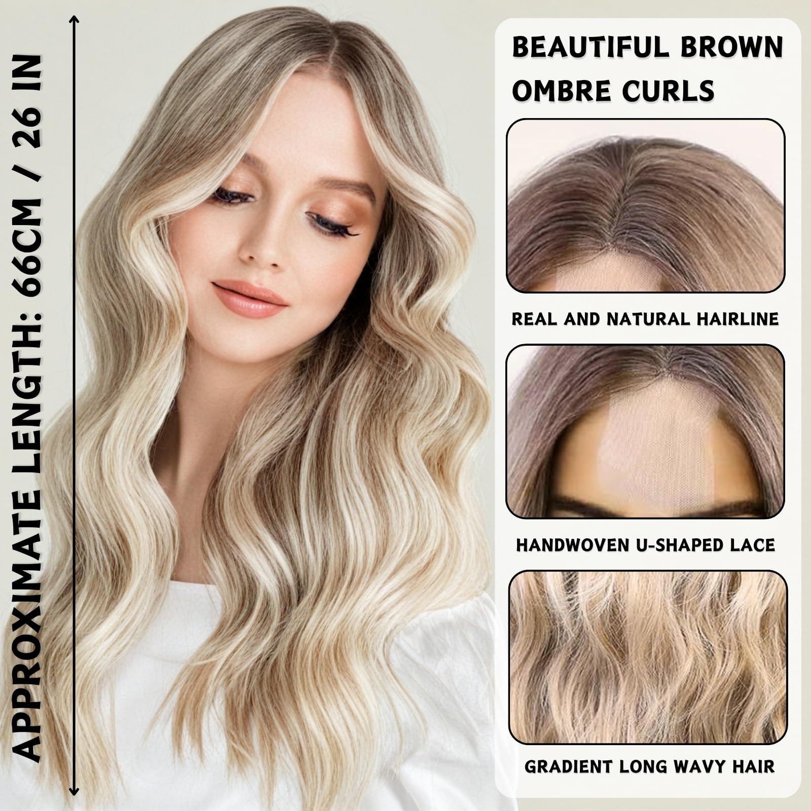 LUFFLOK Long Wave Ombre Brown to Blonde Wigs for Women 27’’ Long Curly Wigs Heat Resistant Natural Ombre Wig with Wig Net Synthetic Hair Wigs for Ladies Fancy Dress Party Cosplay Daily Use (Blonde) - Image 3