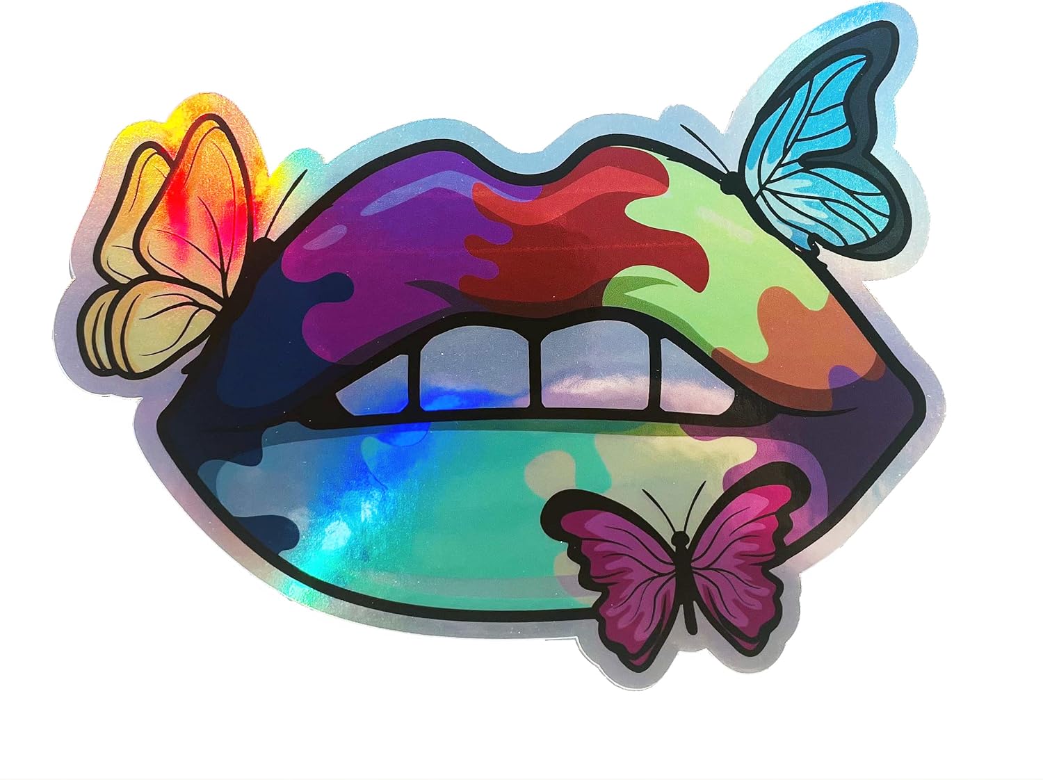 WickedGoodz Holographic Butterfly Lips Vinyl Decal - Rainbow Bumper Sticker - Laptops Tumblers Windows Cars Trucks Walls