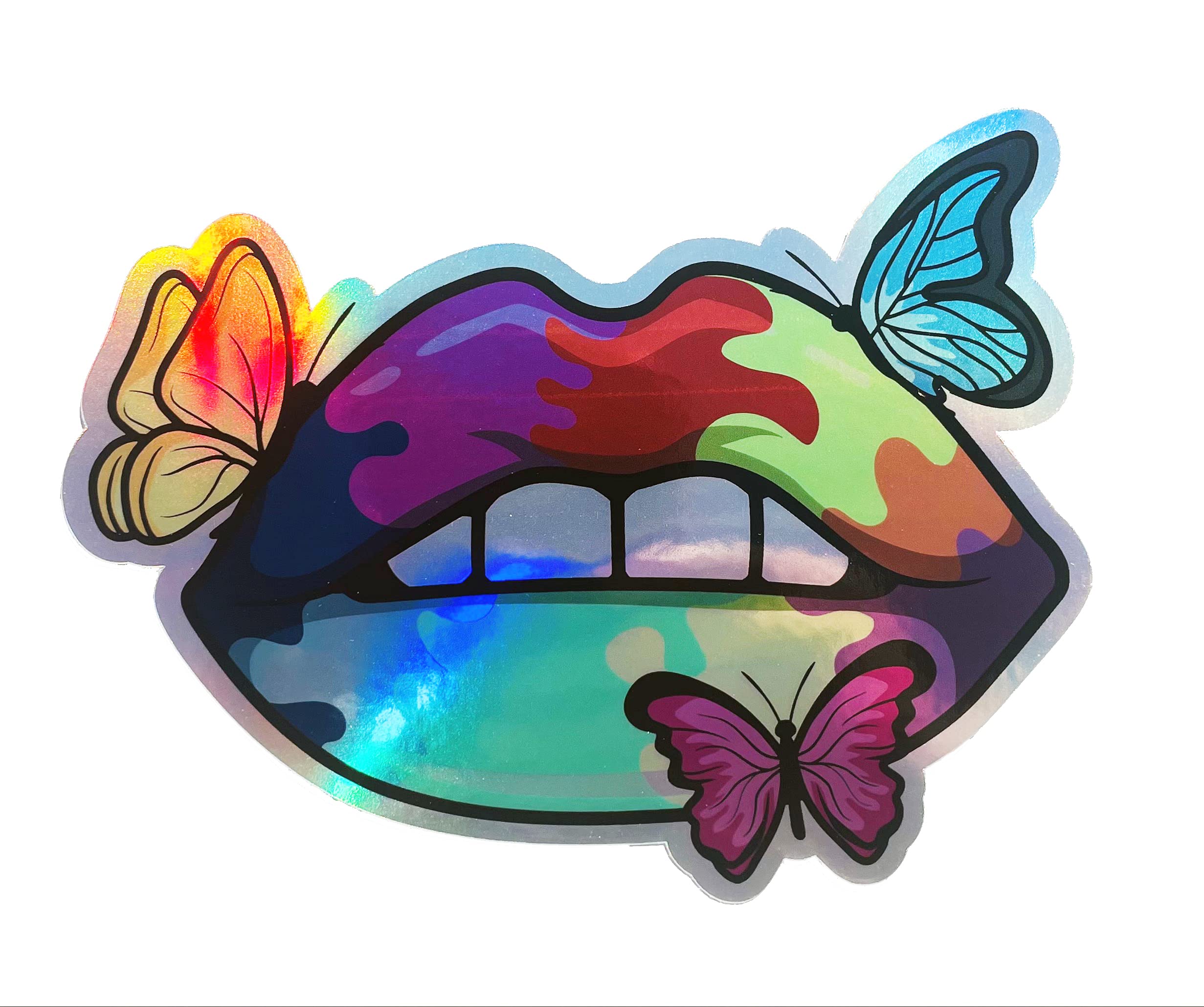 WickedGoodz Holographic Butterfly Lips Vinyl Decal - Rainbow Bumper Sticker - Laptops Tumblers Windows Cars Trucks Walls