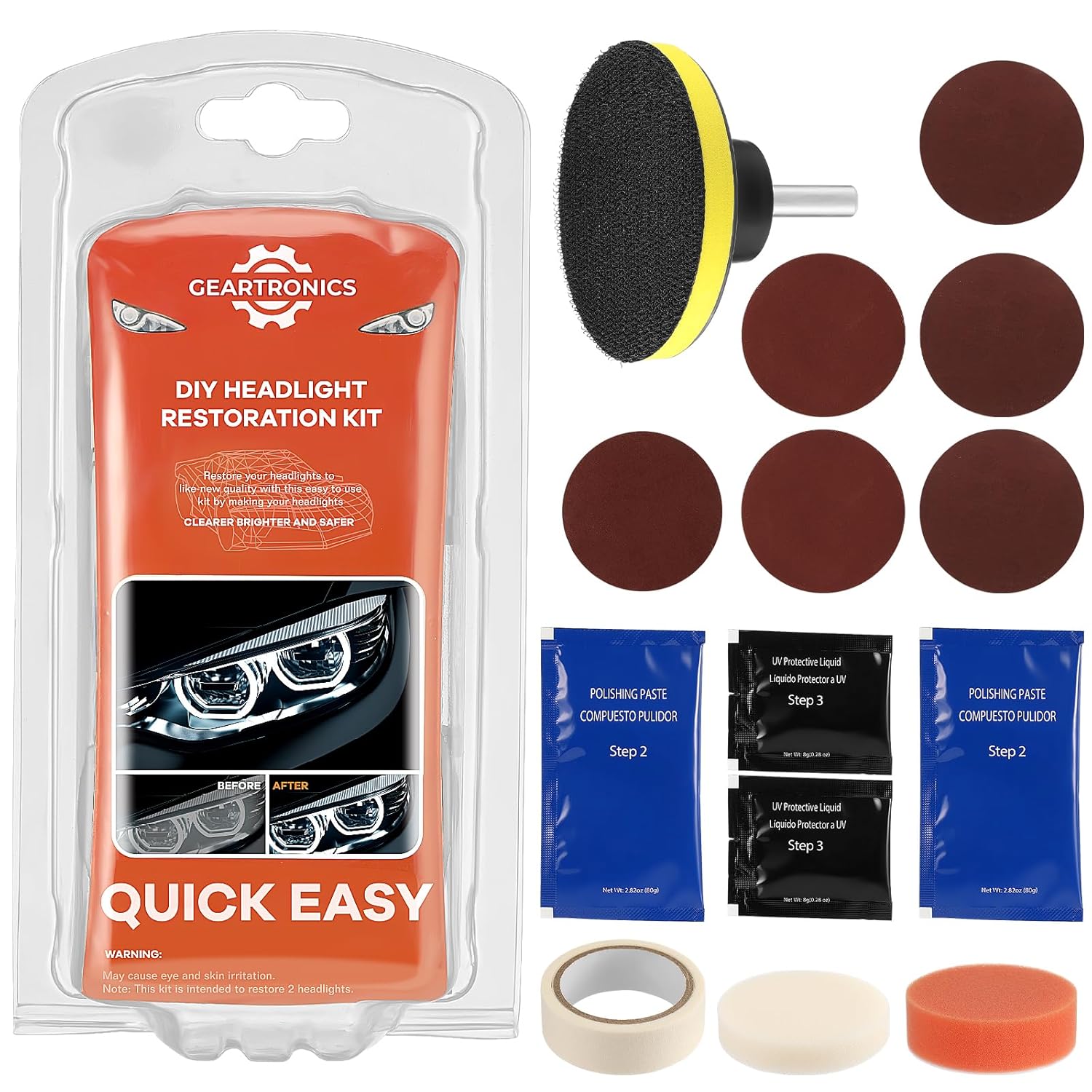 GEARTRONICS Headlight Lens Restoration Kit, Headlight Restorer Kit Easy Steps to Restore Sun