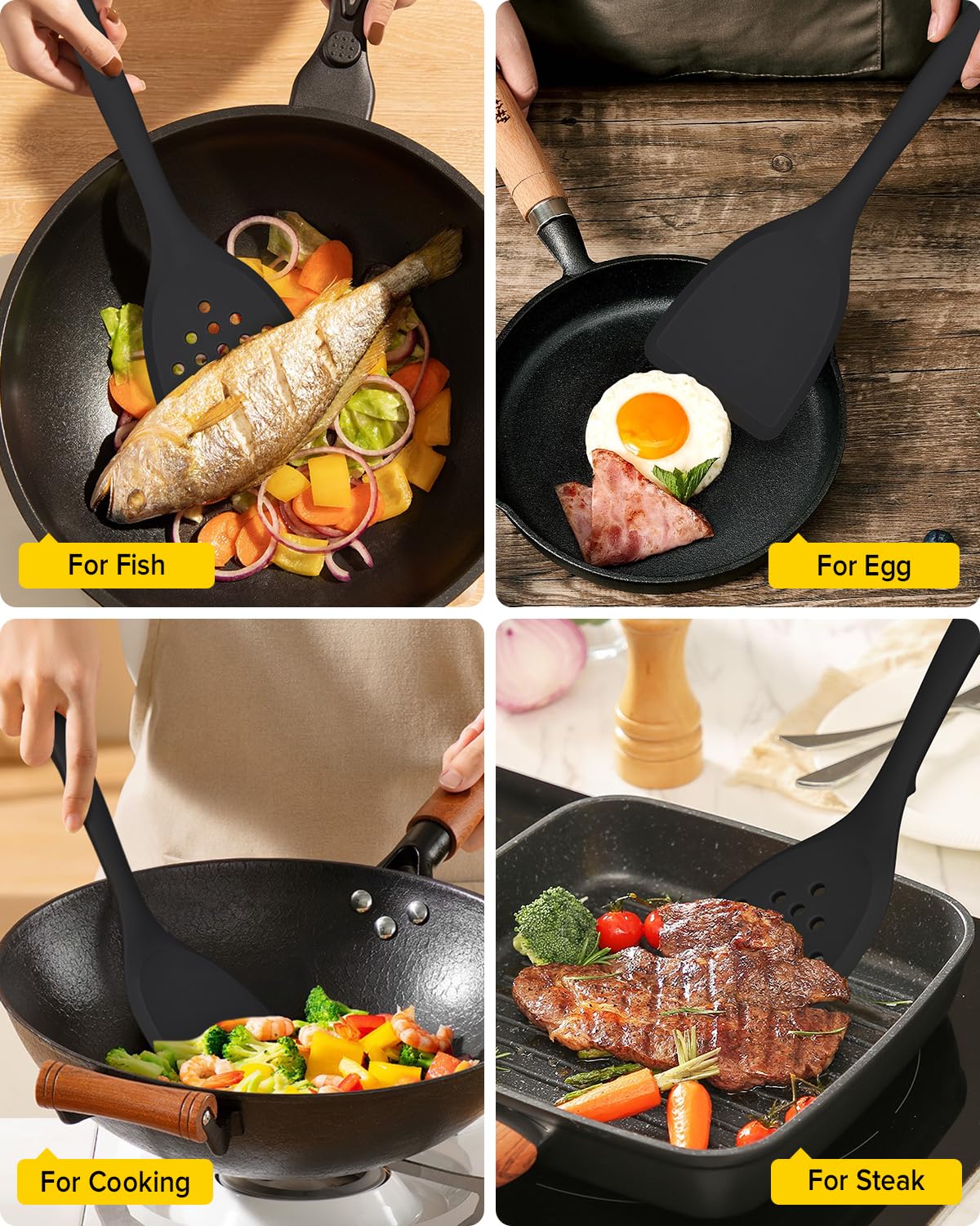 Packung von 2 Silikon Spatel Turner, Non-Stick Küche Spatel Set mit Rücken Haken, hitzebeständig BPA freie Küchenutensilien, geeignet für Flipping Fisch, Eier, Steak, Pfannkuchen (Schwarz)