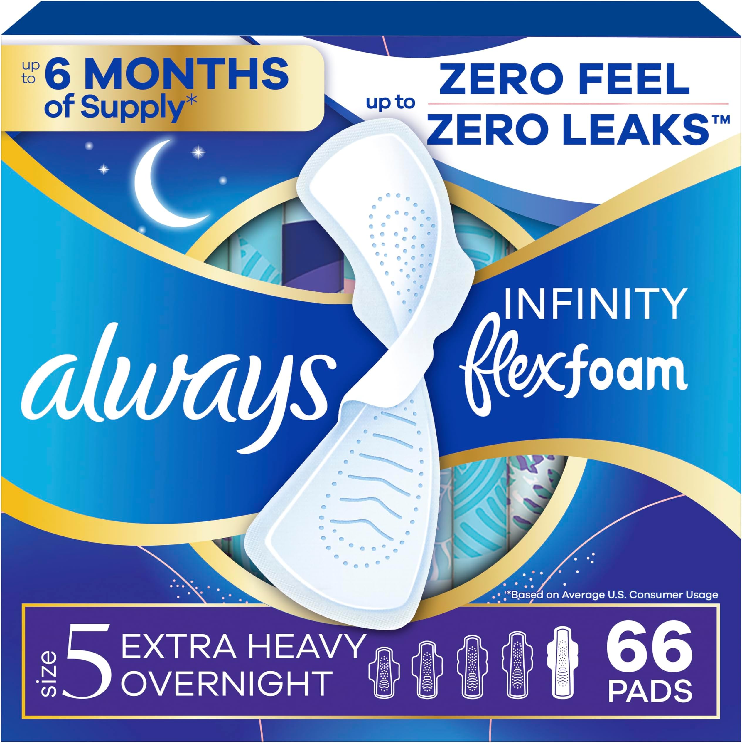 Infinity Feminine Pads For Women, Size 5 Extra Heavy Overnight Absorbency, Multipack, With Flexfoam, With Wings, Unscented, 22 Count x 3 Packs (66 Count total)
