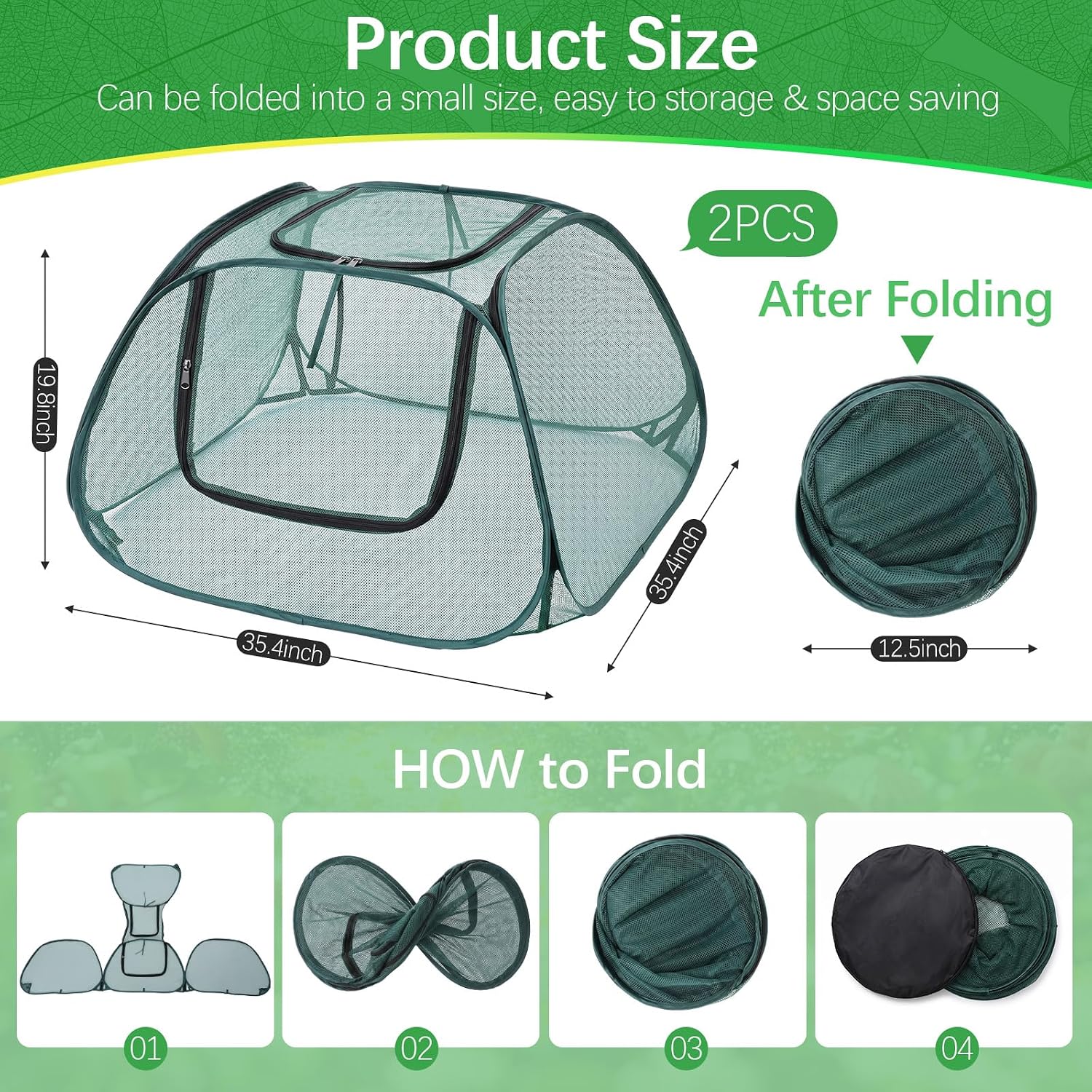 2 Pack Garden Plant Covers for Raised Beds, 35"x35"x20" Pop up Mesh Plant Covers for Outdoors, Sunblock Shade Tent Protecting Vegetable Rows Against Birds, Animals, with 8 Stakes(Dark Green) image 2