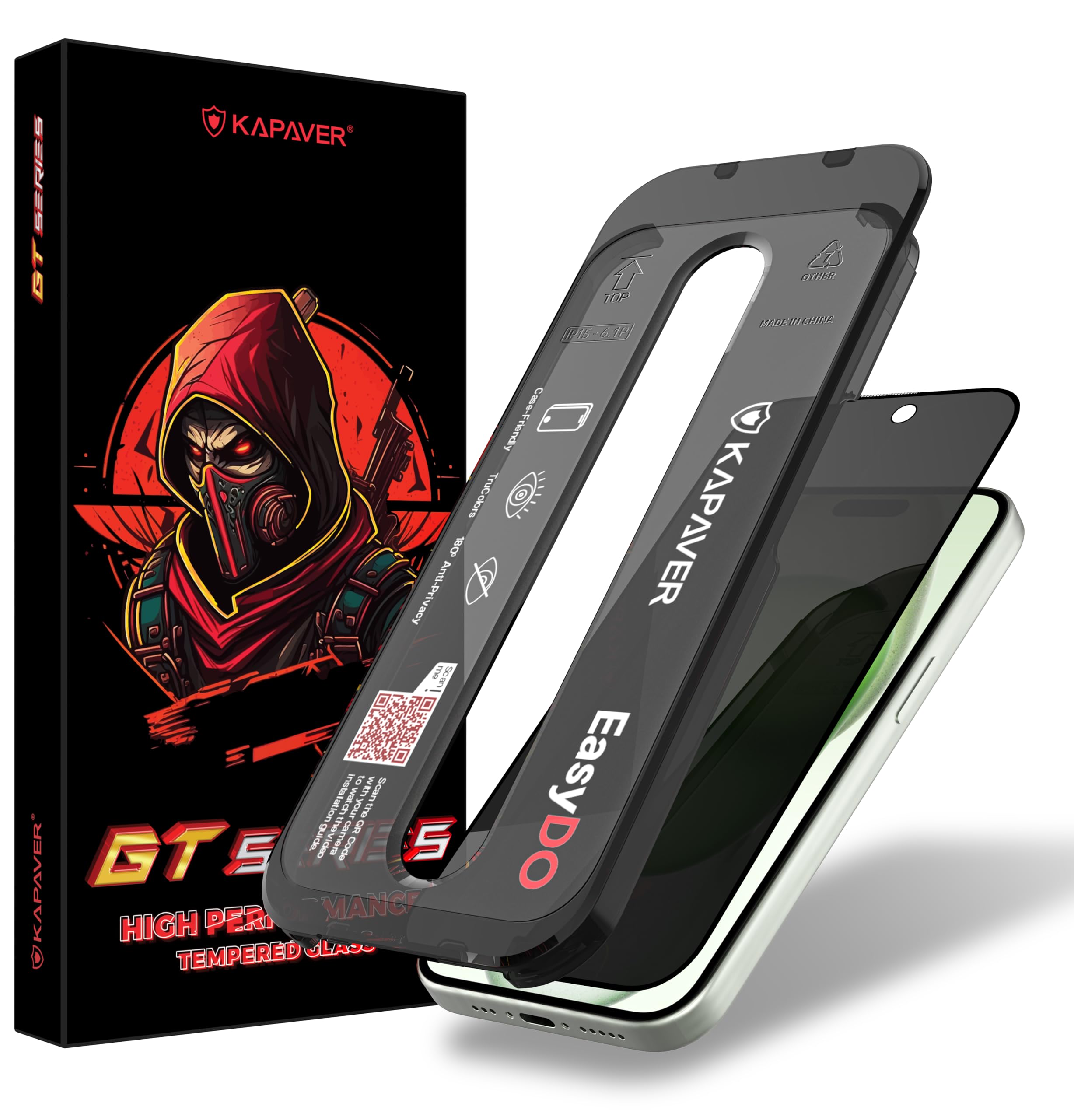 KAPAVER GT Series Tempered Glass Screen Protector Guard for iPhone 15 Plus with EasyDO Applicator (Privacy - 1P)
