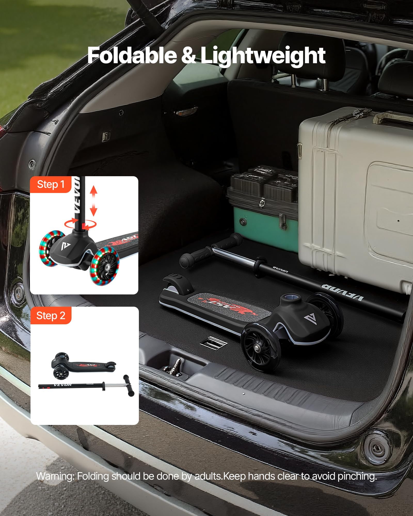 VEVOR Monopattino con 3 Ruote per Bambini da 3 Anni, Monopattino Carico max. 75kg 3 Altezze 710/755/800 mm, Ruote Luminose φ120 mm, Manubrio Altezza Regolabile, Pedana Antiscivolo, Nero