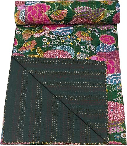 Vista 82 de Marubhumi Colcha Kantha reversible de algodón puro cosido a mano con estampado de frutas indias, edredón Kantha reversible (C verde, Queen