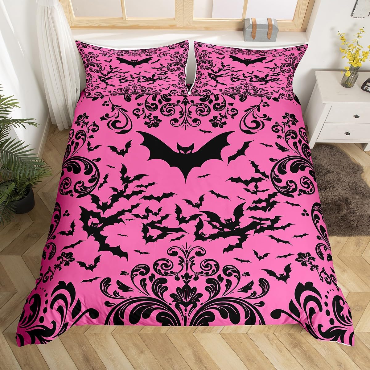 Girls Halloween Bats Comforter Cover Double Hot Pink And Black Gothic Bedding Set for Kids Teen Girl Room Decor Damask Floral Goth Duvet Cover Halloween Flower Animal Quilt Cover