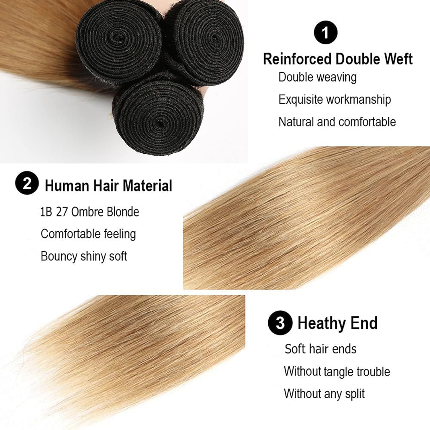 T1B/27 Ombre Straight Bundles Human Hair 10 12 14 Inch Black to Honey Blonde 3 Bundles Human Hair Extensions Two Tone Color 150G