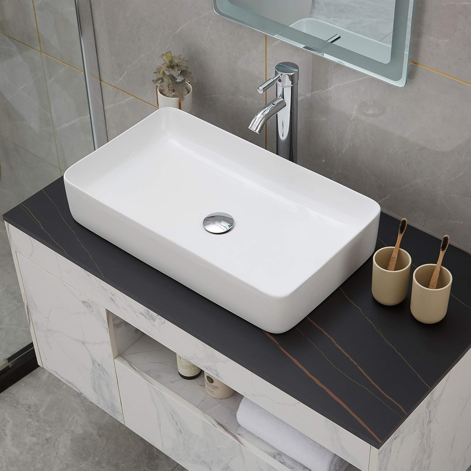 Prоmо 40% оƒƒ PetusHouse Bathroom Vessel Sink and Pop Up Drain Combo, 24 X 14 Inch Rectangle Above Counter White Porcelain Ceramic Bathroom Vessel Vanity Sink Washing Art Basin