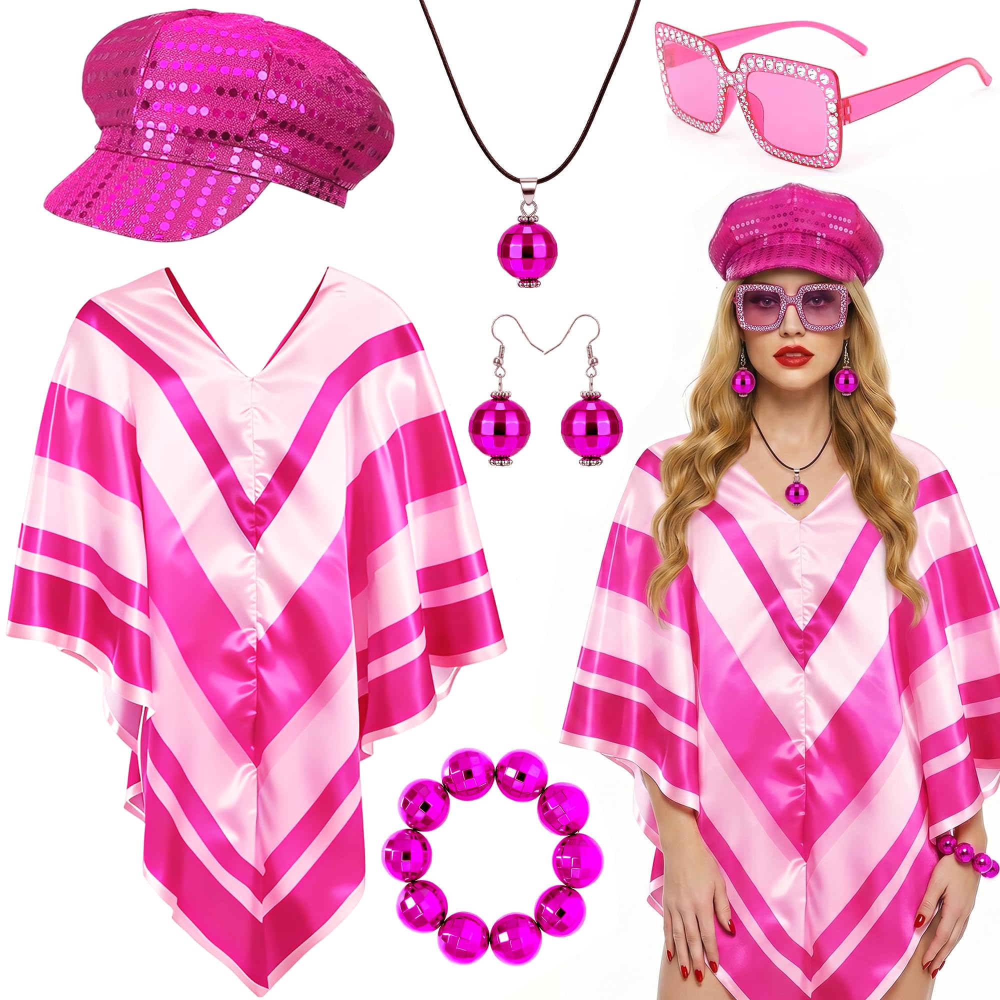 6 Pcs Abba Outfits for Women, 70s Disco Fancy Dress Set with Pop Poncho Glitter Sequin Beret Hat Square Sunglasses Earrings Necklace & Bracelet for 70s Theme Party Music Festival Carnival (Rose Red)
