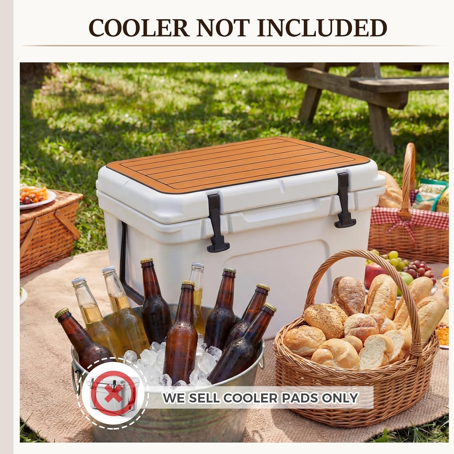 1 Pcs EVA Mat Cooler Pad Fits 32 Qt Hard Cooler, Peel & Stick Application, Non Slip Comfort Accessories, Water Resistant Insulated Seat Cushion for Camping, Fishing & Boating, Teak Brown