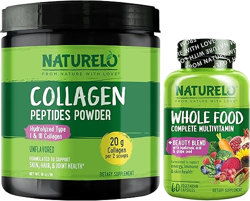 NATURELO Whole Food Beauty Multivitamínico, 60 unidades de péptido de colágeno en polvo, 45 porciones