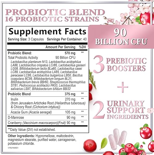 Miniatura 2 de Probióticos para mujeres Apoyo a la salud digestiva – 90 mil millones de UFC Probiótico para mujeres, 16 cepas, arándano, probiótico vaginal