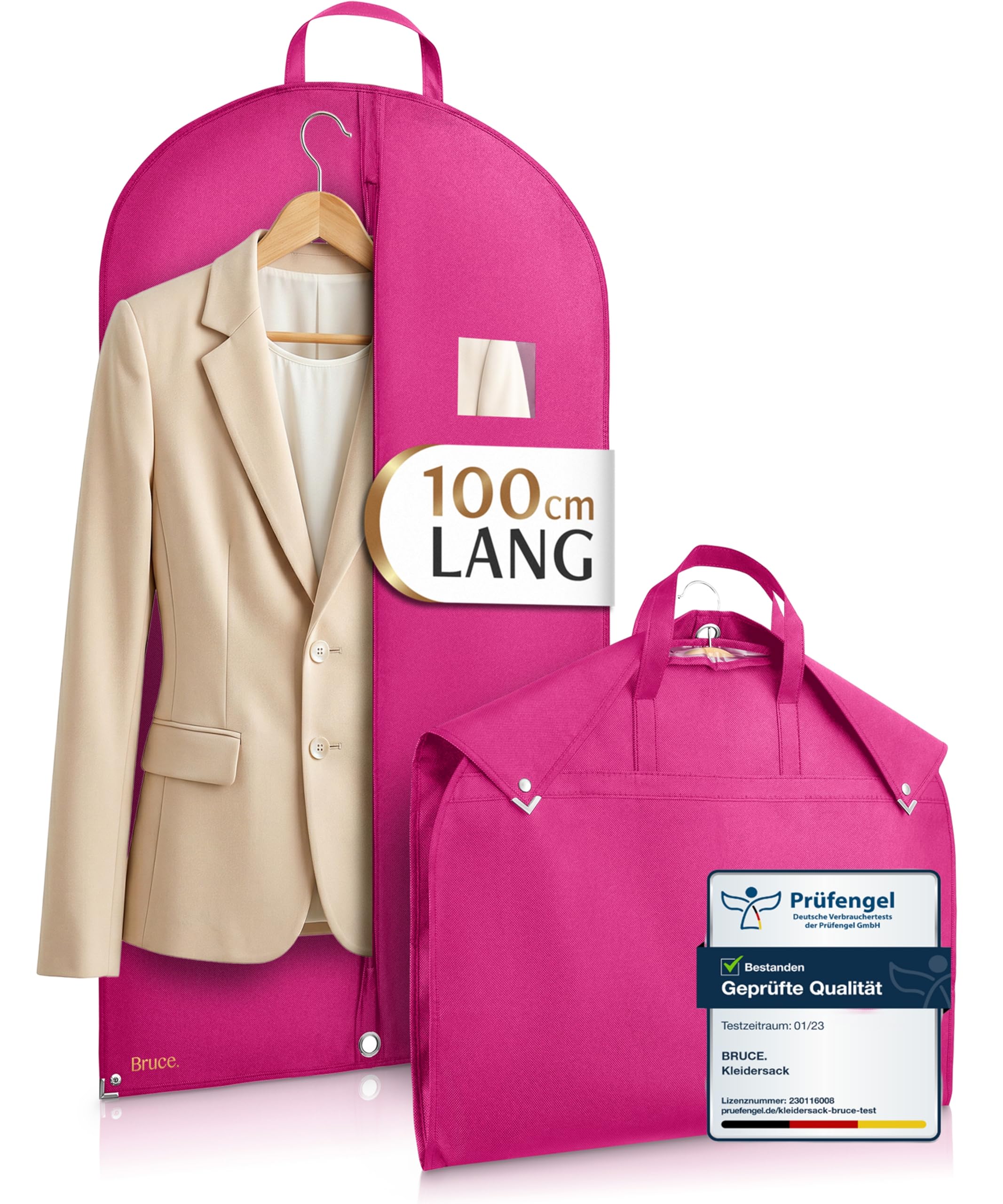 Bruce.® Short Garment Bag, 100 x 60 cm, Colour: Fuchsia, Breathable Garment Cover for Suit, Jacket & Shirt, 120 GSM Material Thickness, Suit Bag for Travel & Storage