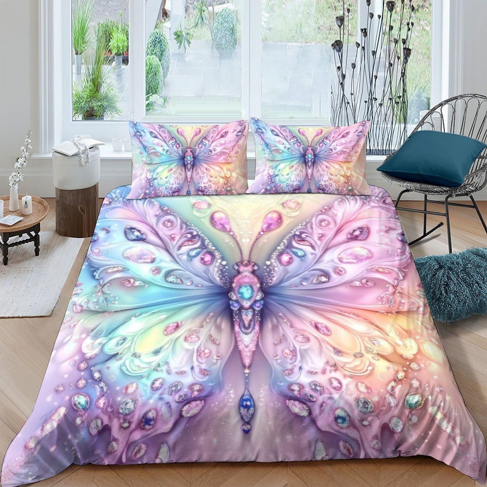 Ctjqhvkz Style-9 3D Printed Pastel Butterfly Fitted Sheet Microfiber Soft Breathable Rainbow Wings Mattress Cover Bedroom Decor Single（135X200cm）