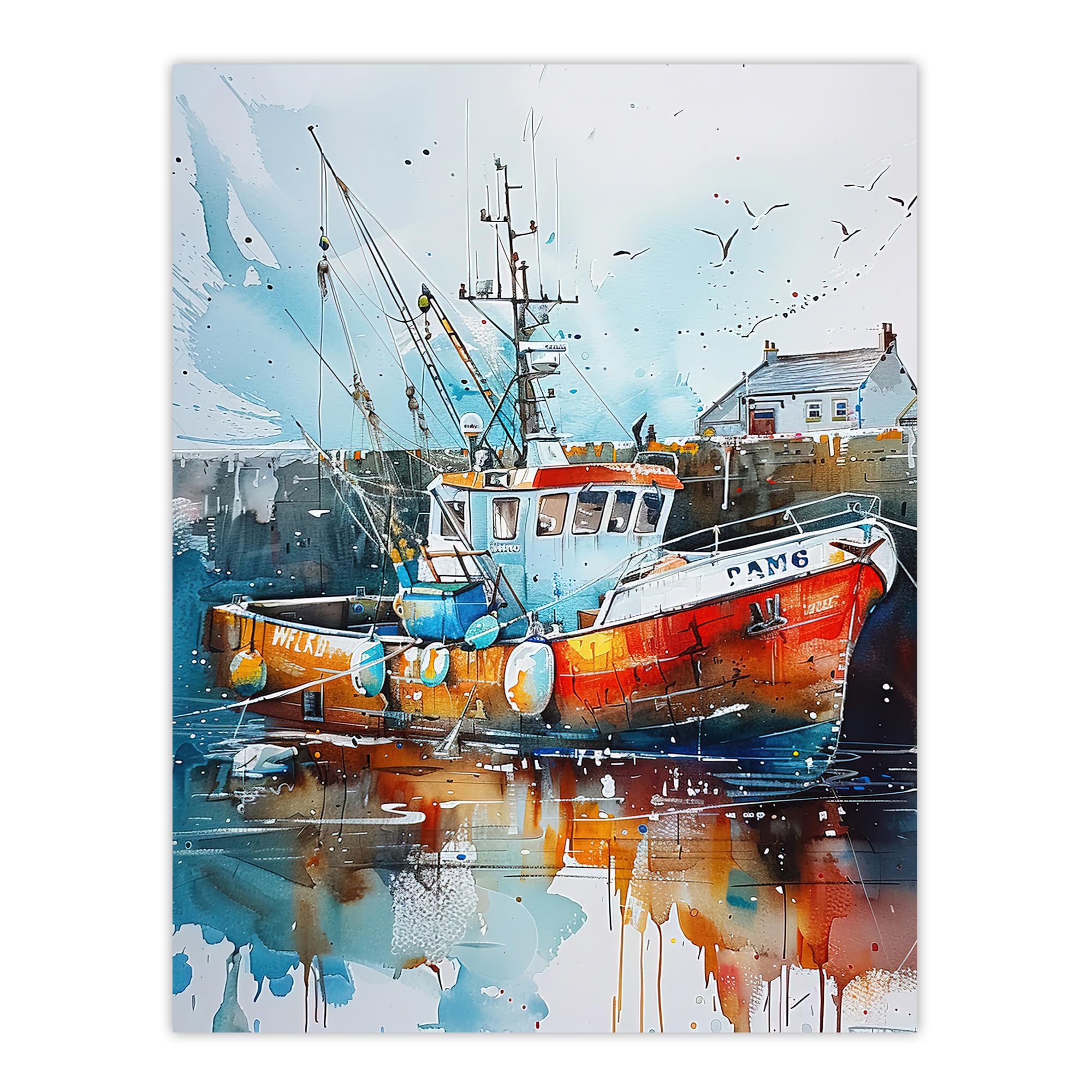 Artery8 Fishing Boat Harbour Watercolour Classic Coastal Living Room Extra Large XL Wall Art Poster Print