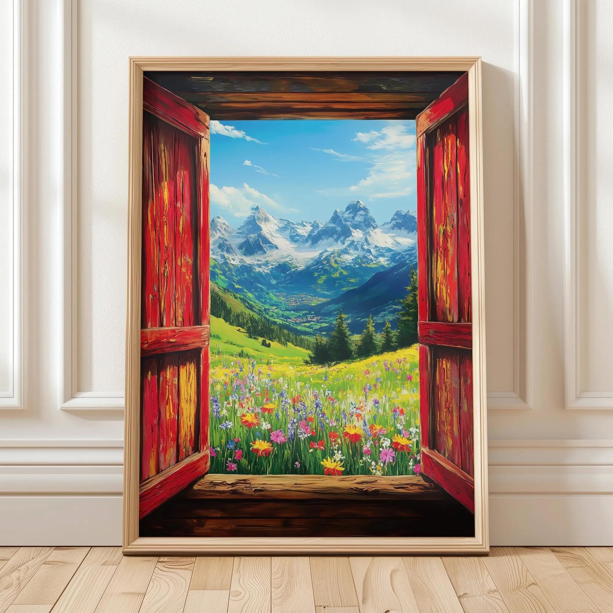 GOSRD Canvas Prints Poster Painting Greek Window View Art Ancient Temple Landscape Mediterranean Print Rustic Greece Scene(50x75cm)
