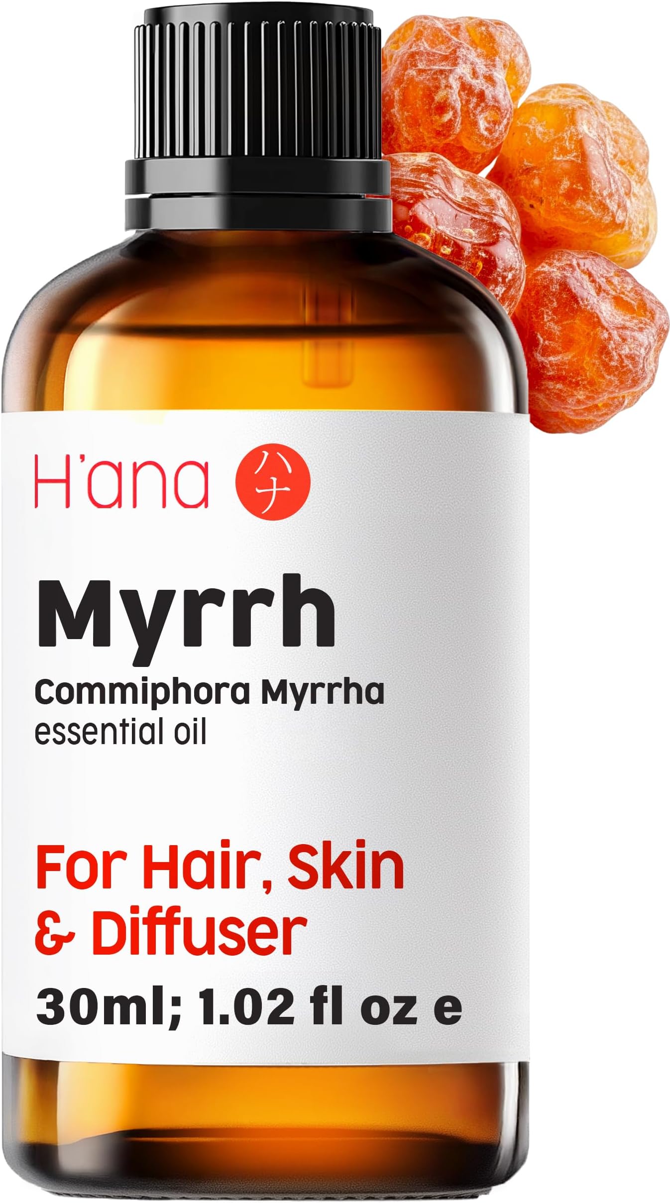 H'ana Myrrh Essential Oil - 100% Pure Myrrh Oil for Diffuser, Skin, Hair, Candle Making, and Massage - with Earthy, Resin and Mysterious Scents (30ml)
