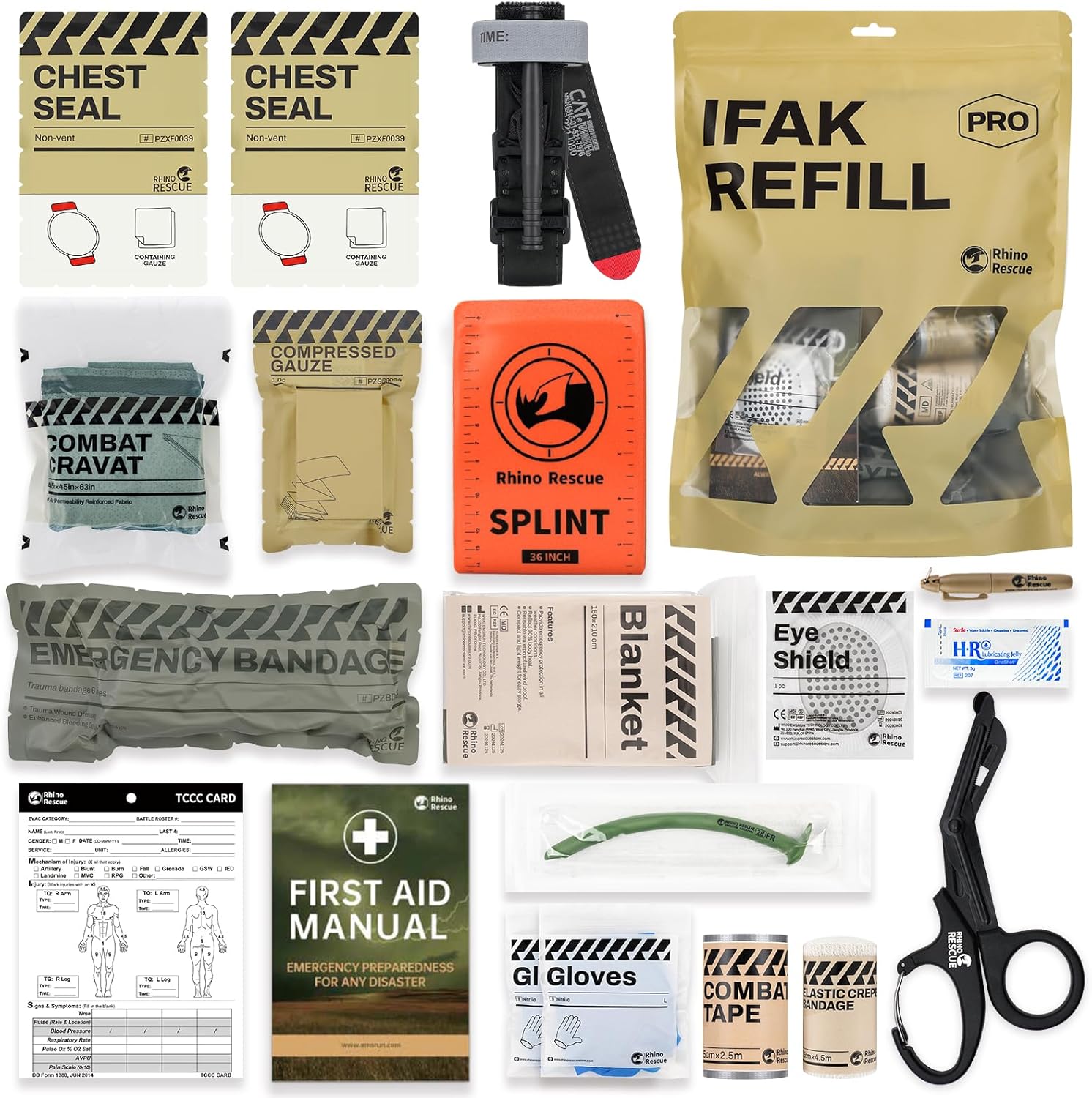 RHINO RESCUE IFAK Refill Kit 17Pcs with CAT Gen-7 Tourniquet, Emergency Tactical First Aid Kit Medical Supplies, IFAK Trauma Kit Combat Pack for Trauma Wound Care, Gunshot, Survival, Car & Camping