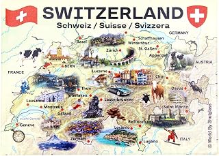 Switzerland Graphic Map and Attractions Souvenir Fridge Magnet 2.5" X 3.5"