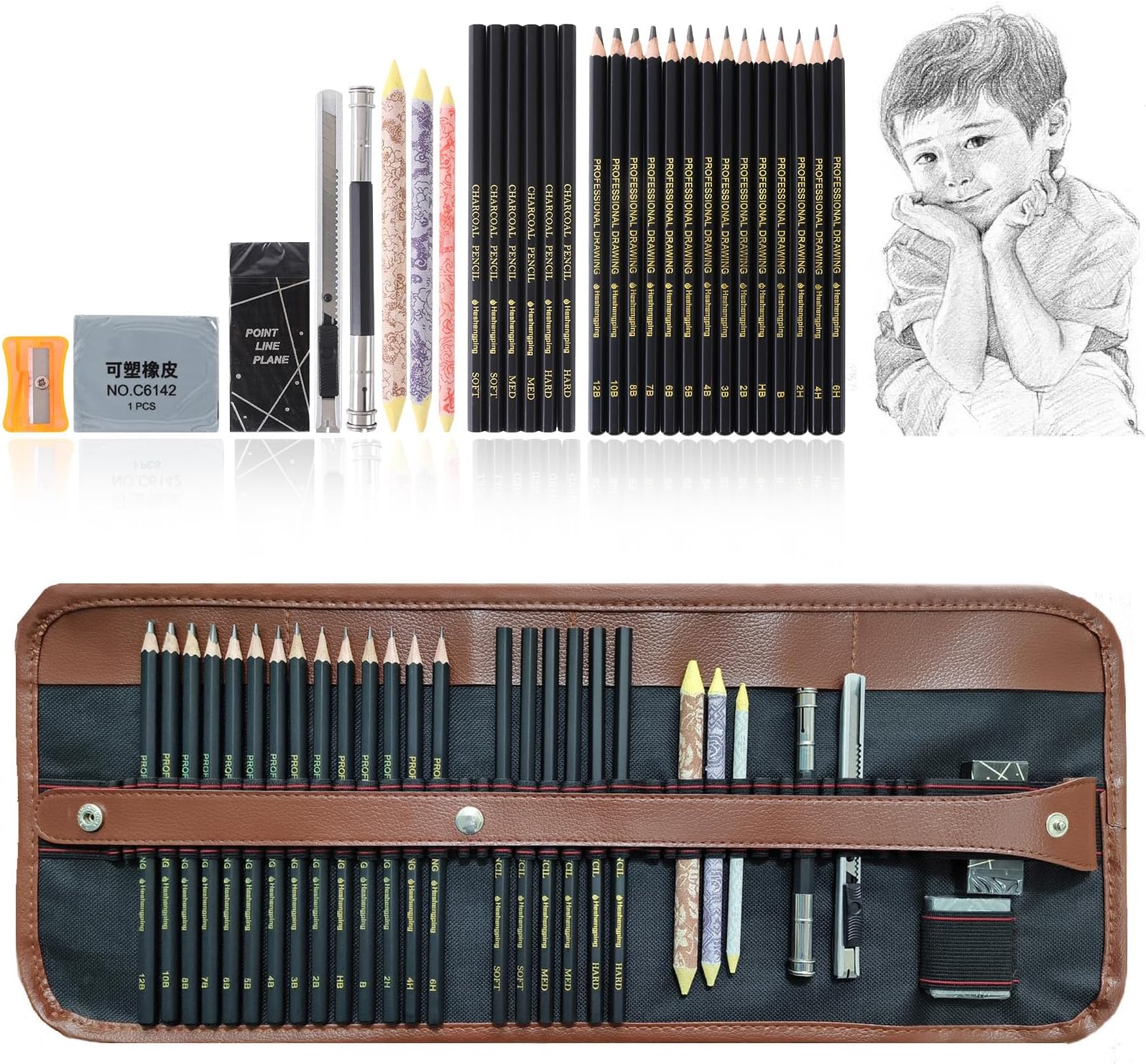 Drawing Sketching Pencil Set 29 Pack Graphite Pencil kit for Artists Adults Beginners has 12B 10B 8B 7B 6B 5B 4B 3B 2B B HB 2H 4H 6H Pencils,Charcoal Pencils Canvas Rolling Pouch and Accessories