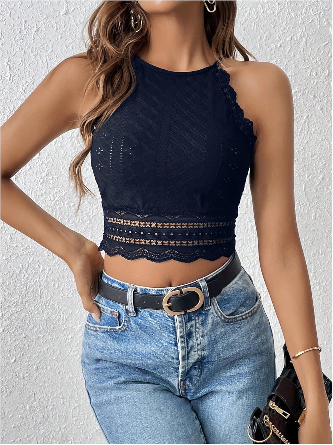 SweatyRocks Women's Floral Lace Slim Fit Crop Halter Top Sleeveless Cami Tank Tops - Image 4