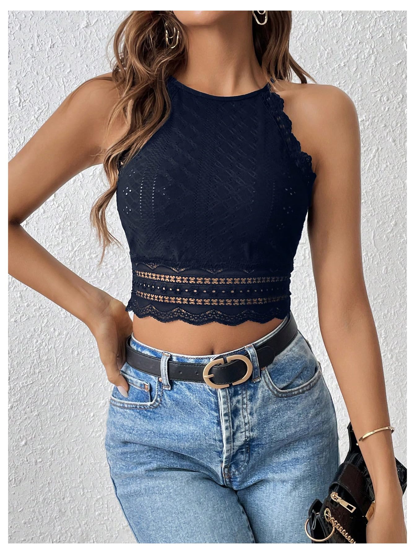 SweatyRocks Women's Floral Lace Slim Fit Crop Halter Top Sleeveless Cami Tank Tops