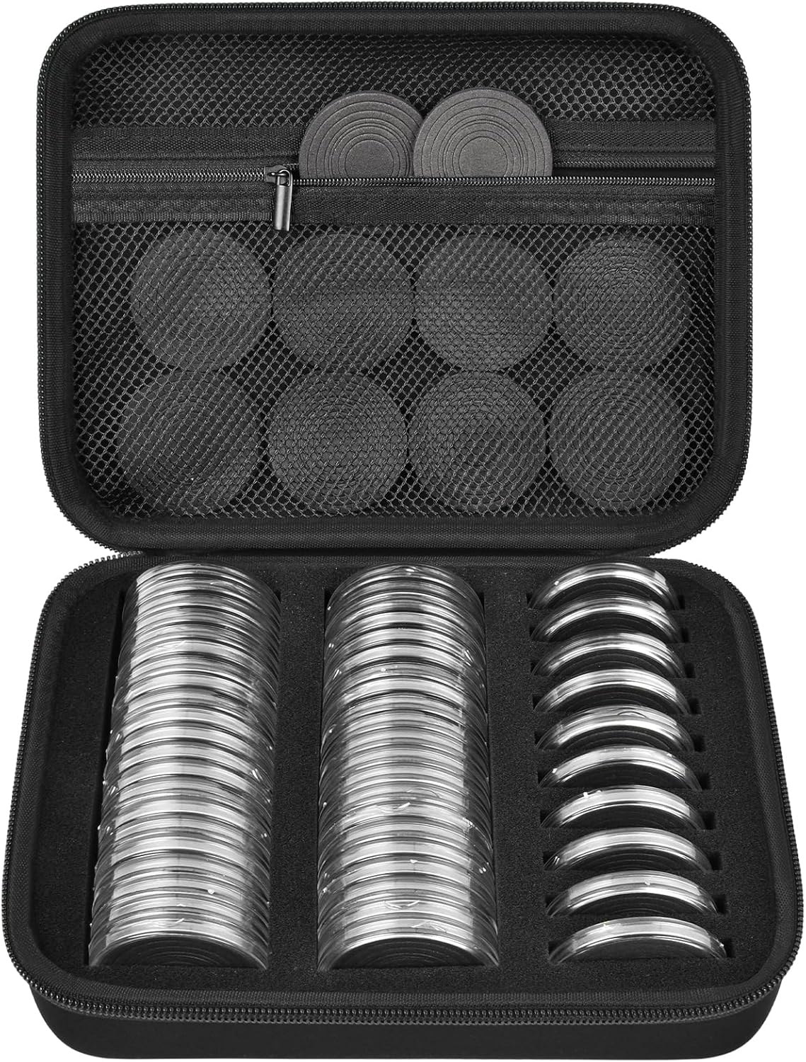 GWCASE 52 Pieces 46mm Coin Capsules with 6 Sizes (20/25/ 27/30/ 38/ 46mm), Collector Case with Foam Gasket and Plastic Storage Organizer for Coin Collection Supplies (Box Only) - Black Inner