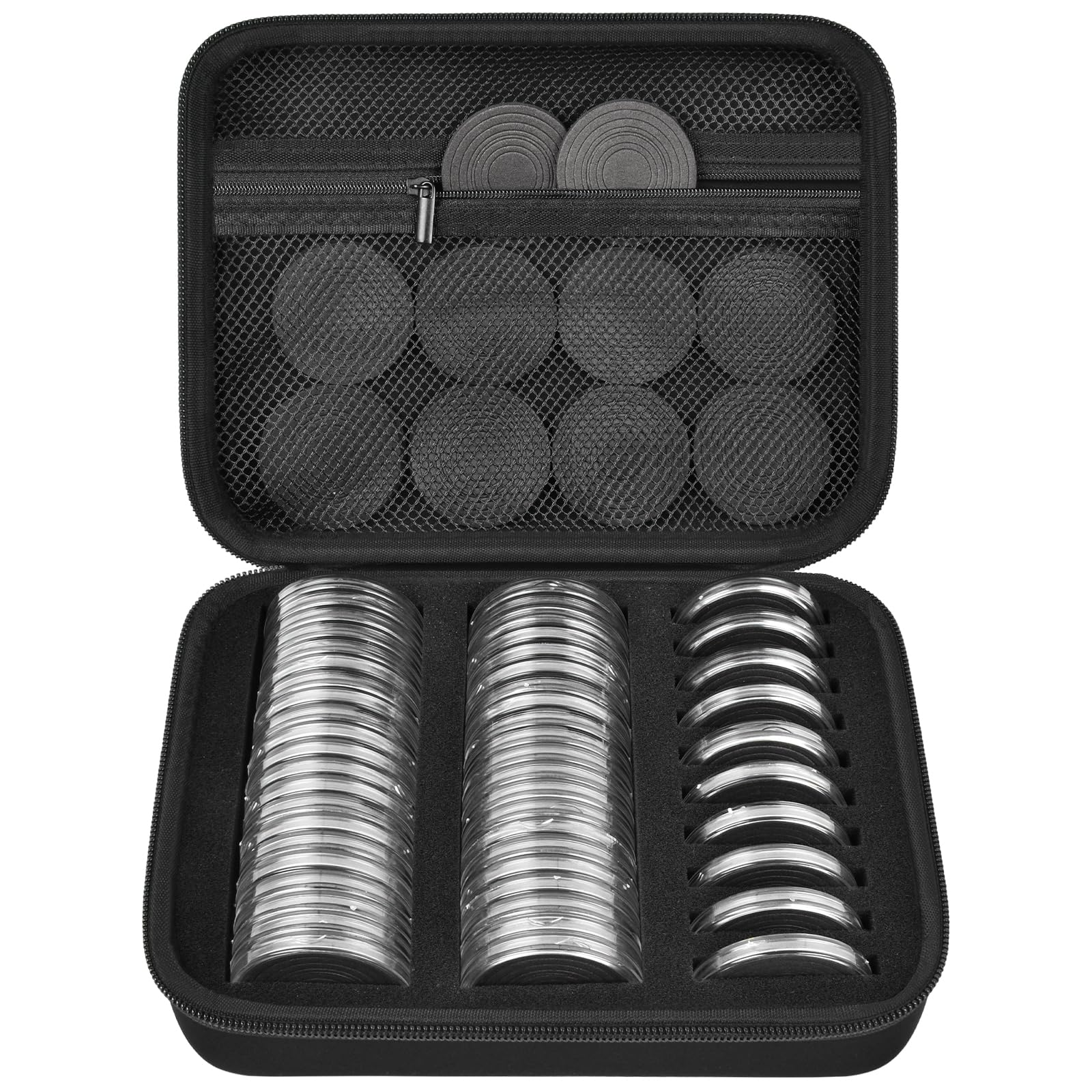 GWCASE 52 Pieces 46mm Coin Capsules with 6 Sizes (20/25/ 27/30/ 38/ 46mm), Collector Case with Foam Gasket and Plastic Storage Organizer for Coin