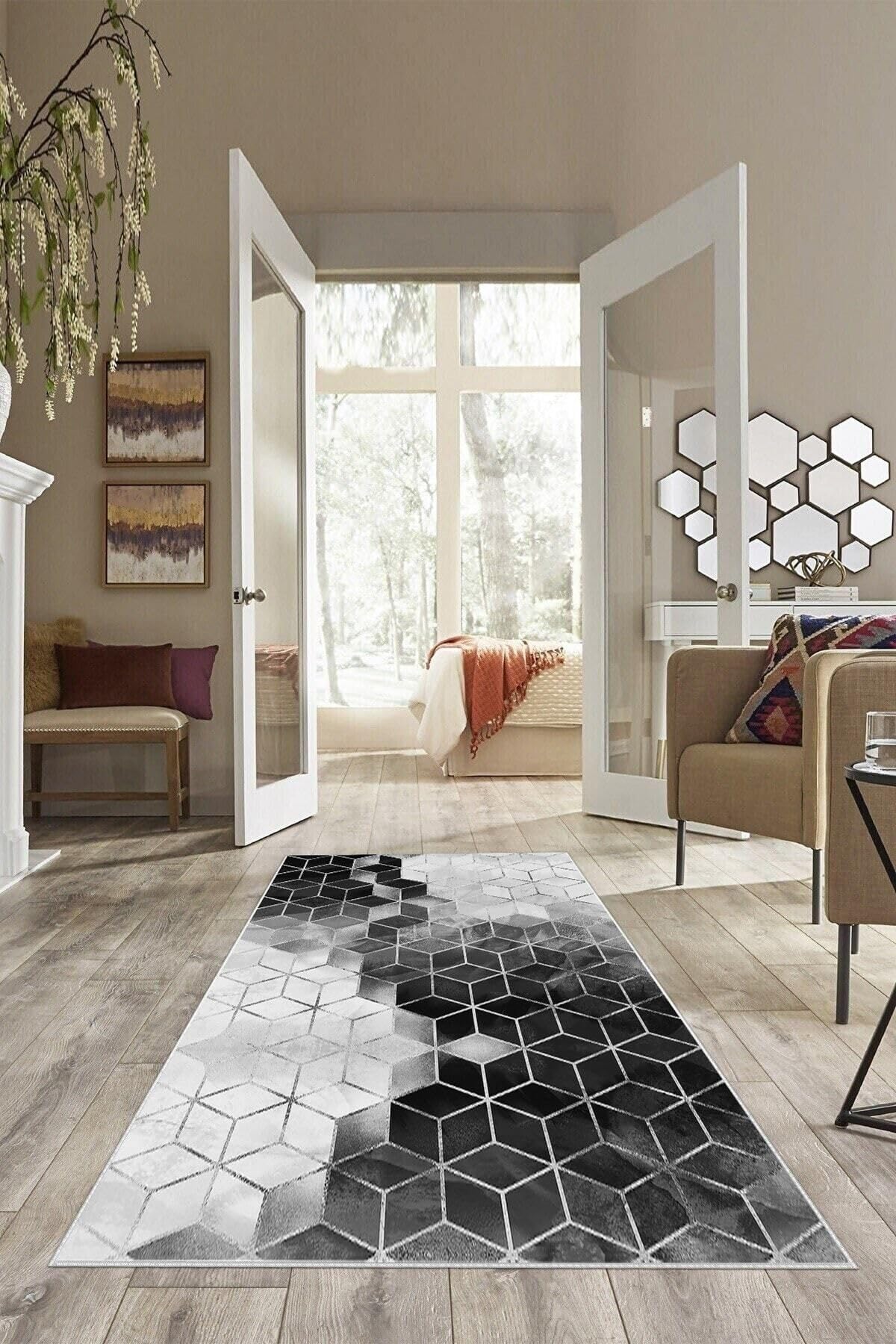 Pelangi Gri Çizgi Renk Geçiş Petek Desen Yıkanabilir Kaymaz Taban Leke Tutmaz Modern Salon Halısı Ve Yolluk, Açık Gri-Siyah 100 x 300, 72571238100300105