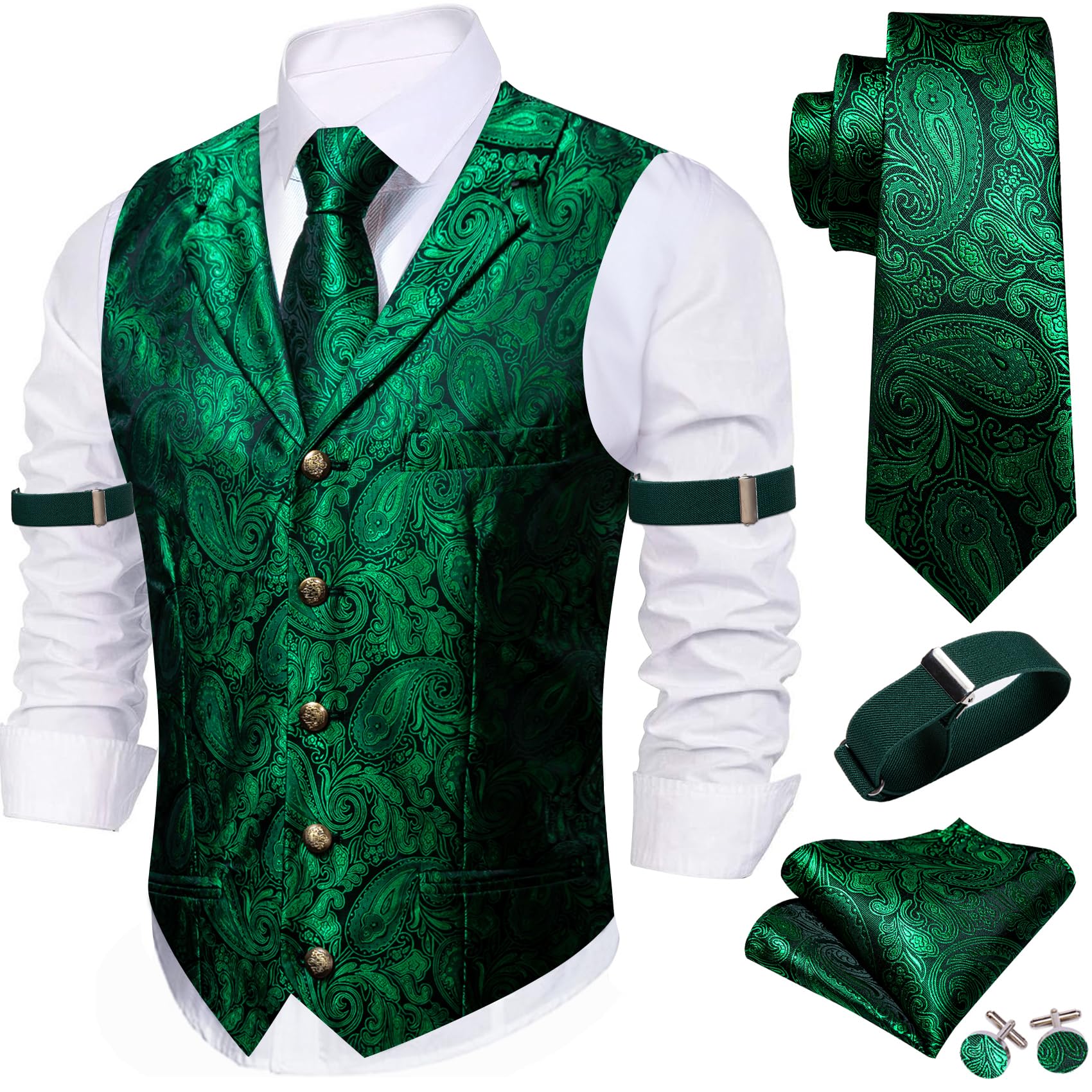 Barry.Wang Mens Silk Paisley/Floral Suit Vest Tie Sleeve Holder Set 5PCS