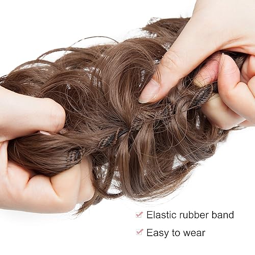 Miniatura 5 de Benehair Moño desordenado, pieza de pelo recogido para mujer, esponjoso, ondulado, moño con dona, moño sintético con banda de goma elástica, color
