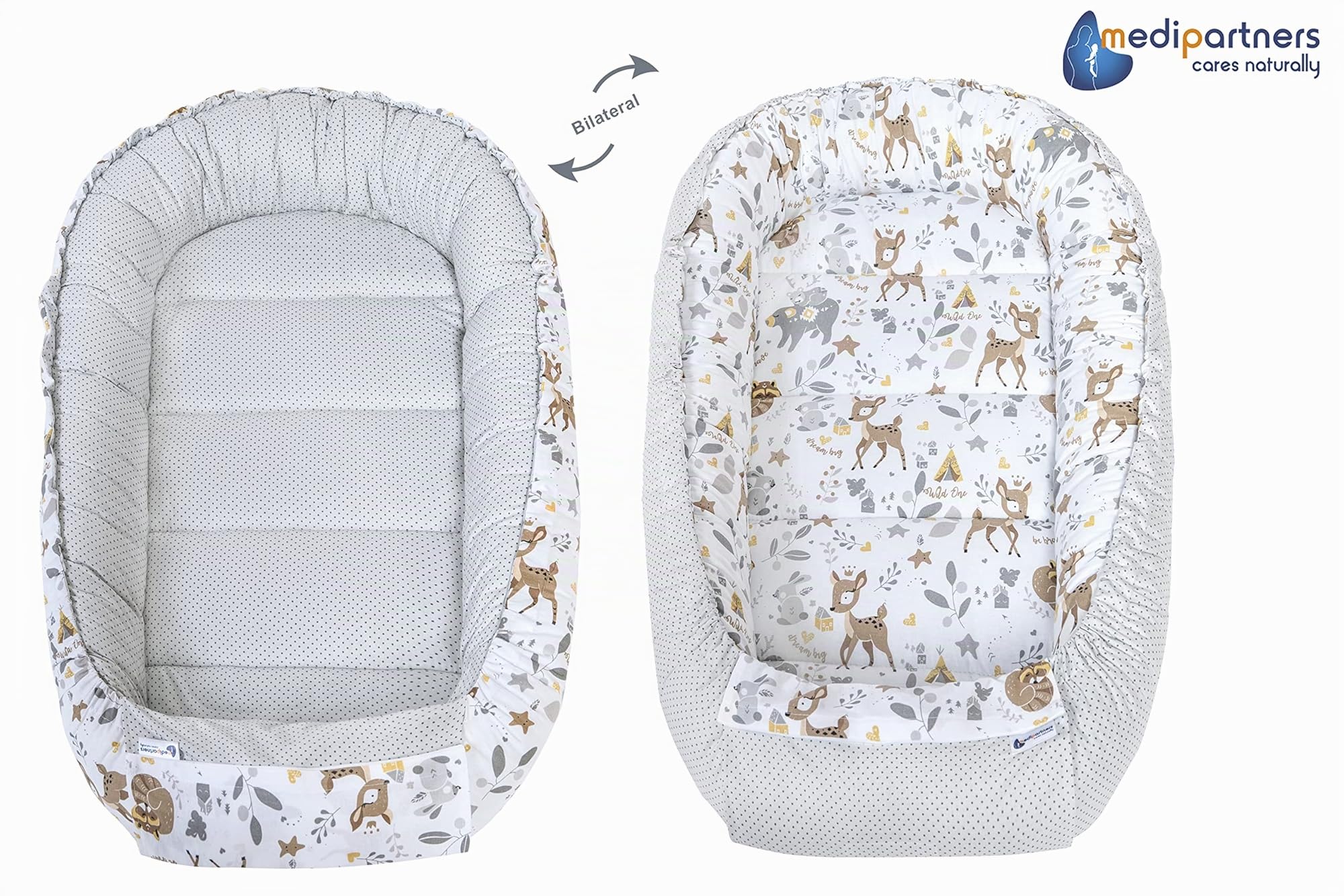 Medi Partners Nido Bebe Recien Nacido Reductor de Cuna - 100x60x15 Juego de 5 Piezas bebés anticolicos Bilateral Portátil o de Viaje 100% Algodón (Ciervo con Minky Gris)