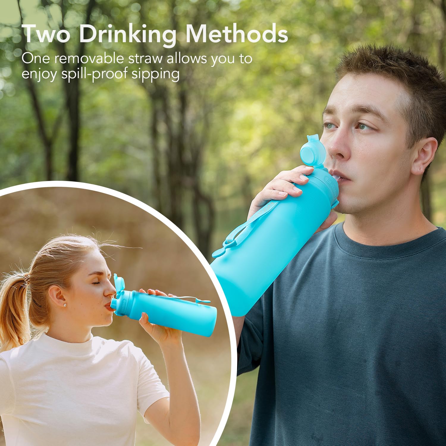 TakeToday Faltbare Reise-Wasserflasche mit Strohhalm, BPA-frei, Silikon, auslaufsicher, für Wandern, internationale Reisen, Outdoor, 900 ml, Blau