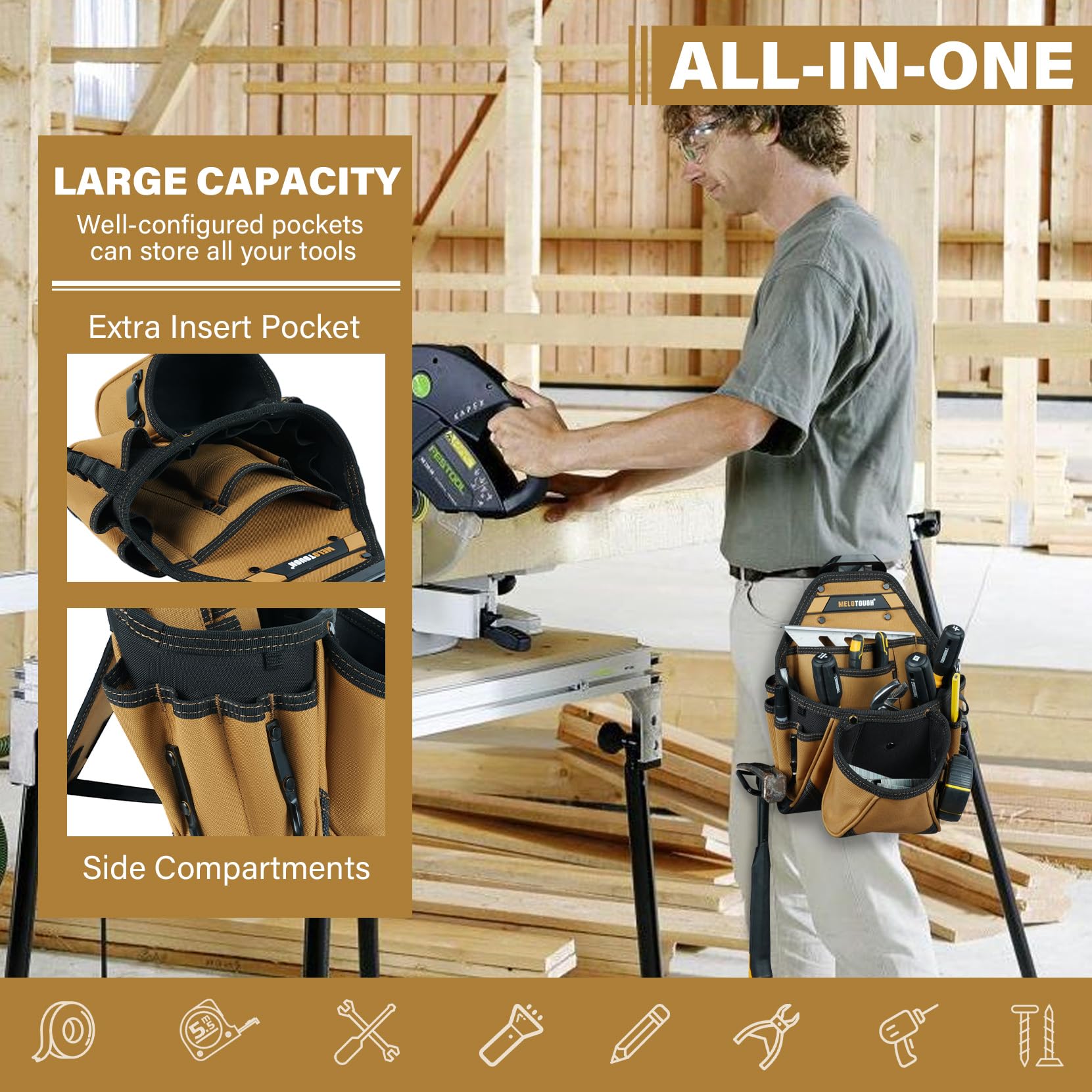 MELOTOUGH Borse da cintura per attrezzi da elettricista con clip da cintura Utility Tool Belt Organizer Pouch con cavalletto posteriore Hammer Holder