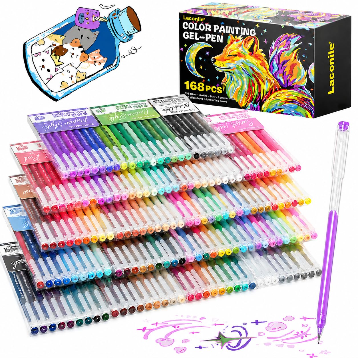 Laconile Set di penne gel da 168 colori (19 pezzi) - Penne gel con punta fine da 0,65 mm per colorare, lavori precisi e fai da te, penne gel per adulti, penne colorate per arte, scrapbooking e