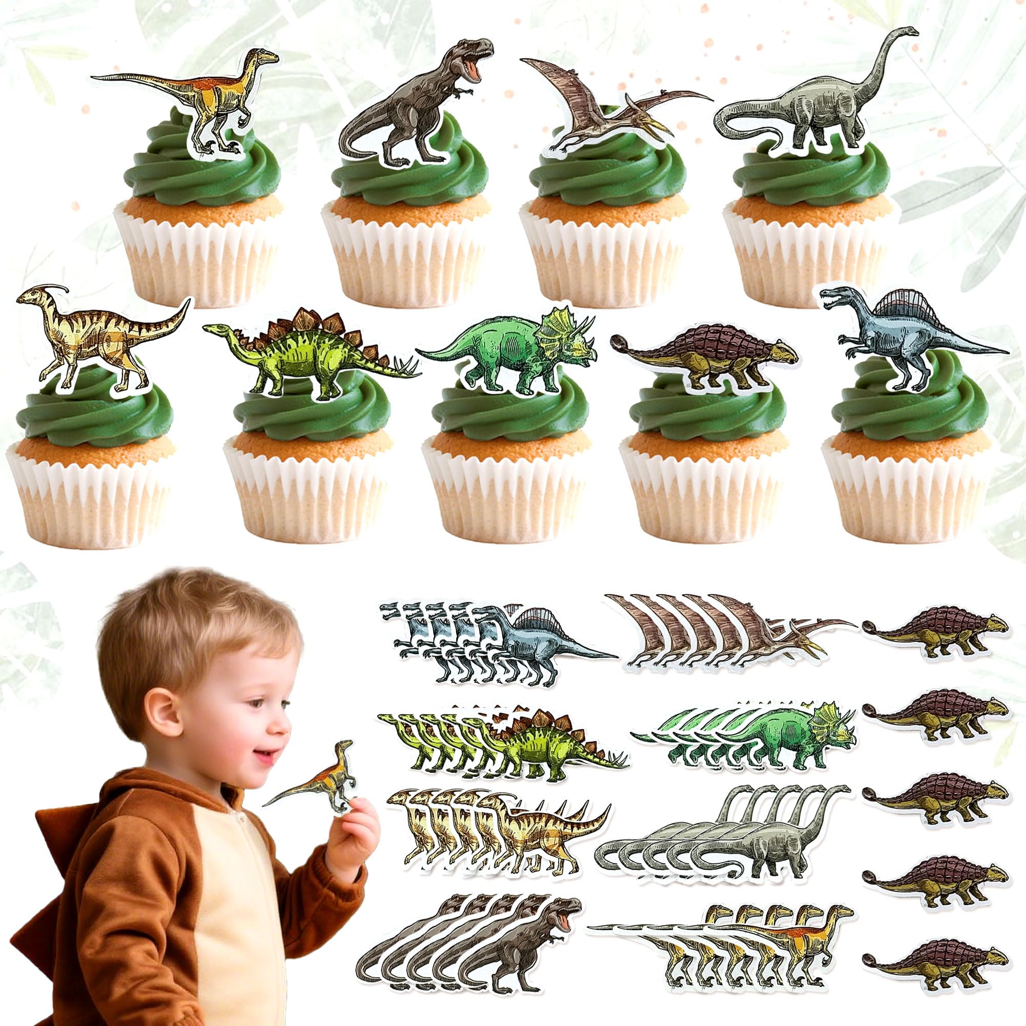 45 PCS Edible Dinosaur Dino Rex Cupcake Cake Decorations Muffin Desserts Decoration for Celebrating Party Events Baby Shower Party Supplies