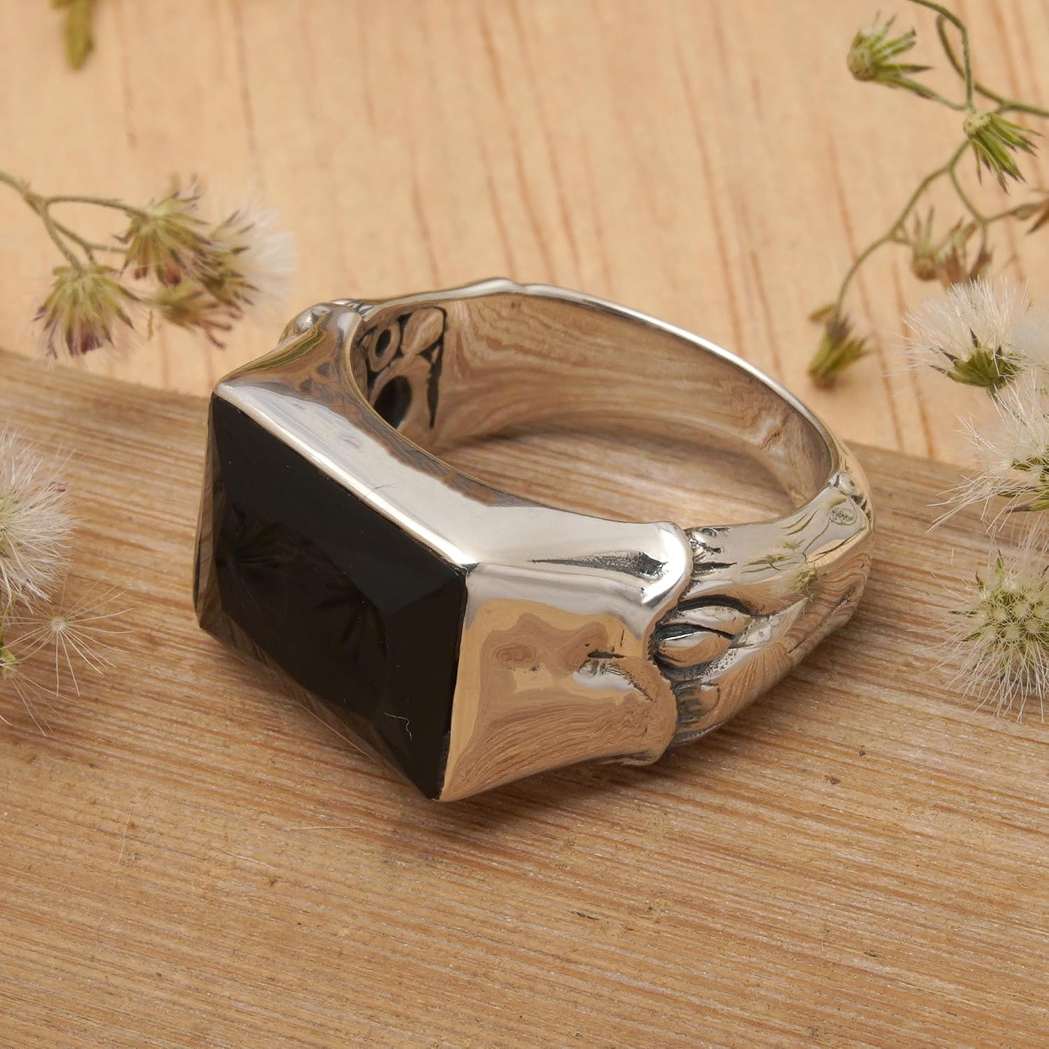 NOVICA Artisan Handmade Men's Onyx Ring Balinese Silver Black Sterling Single Stone Indonesia Birthstone 'Midnight Bamboo'